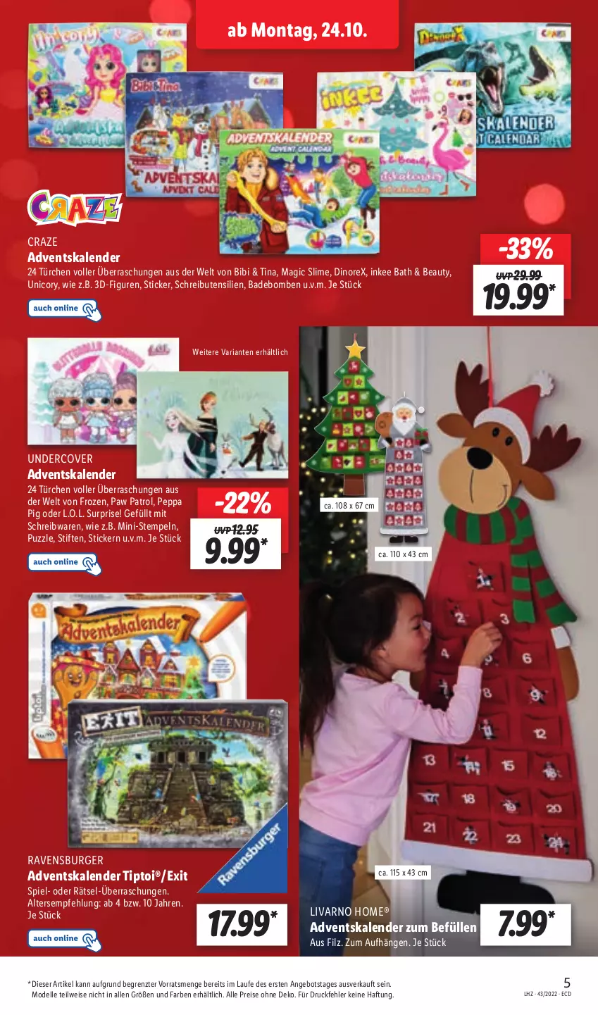 Aktueller Prospekt Lidl - Aktionsprospekt - von 24.10 bis 29.10.2022 - strona 5 - produkty: Adventskalender, angebot, Bad, burger, dell, eis, elle, Mode, Paw Patrol, Peppa Pig, Puzzle, ravensburger, reis, Ria, schreibwaren, Slime, stifte, Ti, Tiptoi, ZTE