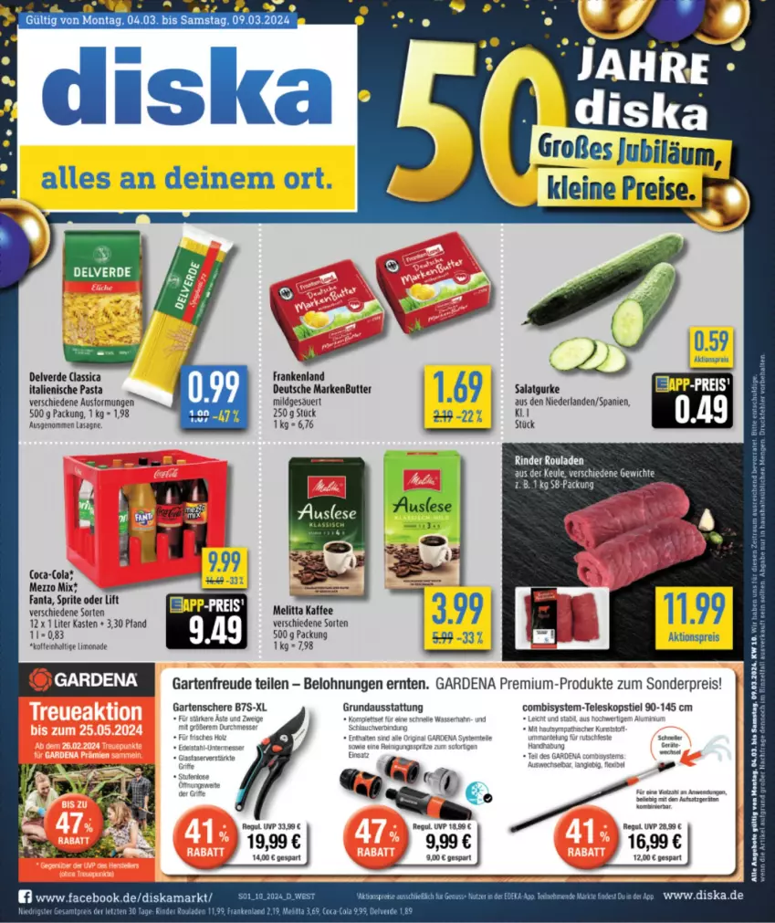 Aktueller Prospekt Diska - von 04.03 bis 09.03.2024 - strona 1 - produkty: aktionspreis, angebot, angebote, butter, eis, elle, erde, fanta, gardena, Garten, Gartenschere, gin, gsw, gurke, Intel, italienische pasta, kaffee, lasagne, limo, limonade, markenbutter, melitta, messer, pasta, reis, rind, rinder, rouladen, salat, Salatgurke, Schere, sprite, Ti, wasser