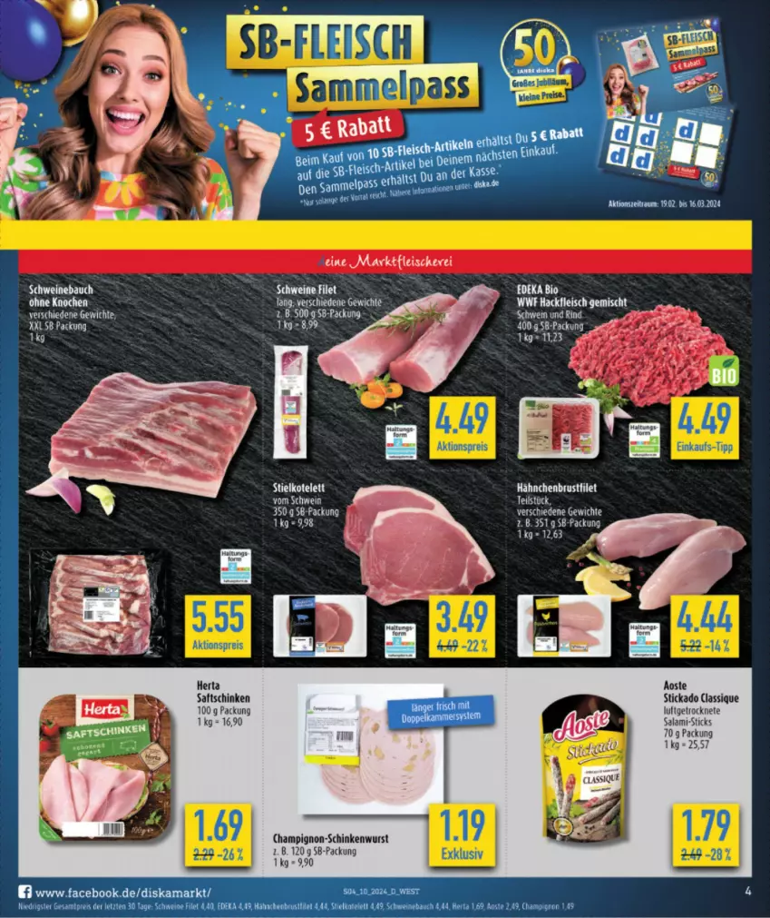 Aktueller Prospekt Diska - von 04.03 bis 09.03.2024 - strona 4 - produkty: aktionspreis, Bau, bio, brustfilet, champignon, deka, edeka bio, eis, filet, fleisch, Fleischerei, hackfleisch, hackfleisch gemischt, hähnchenbrust, hähnchenbrustfilet, herta, kotelett, reis, rind, saft, saftschinken, salami, Schere, schinken, schinkenwurst, schwein, schwein und rind, schweine, Schweinebauch, stickado, tee, Ti, wein, weine, wurst, ZTE