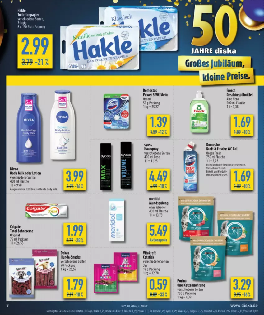 Aktueller Prospekt Diska - von 04.03 bis 09.03.2024 - strona 9 - produkty: aktionspreis, alkohol, aloe vera, bio, biozidprodukte, body, body milk, colgate, creme, domestos, eis, flasche, Frosch, geschirr, geschirrspülmittel, gin, haarspray, hakle, hakle toilettenpapier, katzennahrung, kraft, leine, LG, Lotion, meridol, mundspülung, nivea, ohne alkohol, papier, purina, Rauch, reis, rwe, snack, snacks, spülmittel, spülung, syoss, Ti, toilettenpapier, vita, vitakraft, Yo, zahncreme