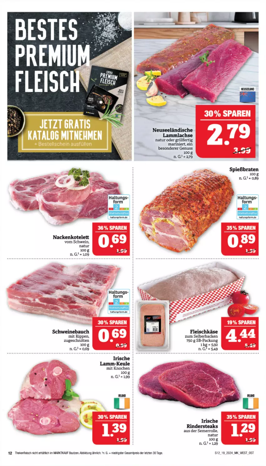 Aktueller Prospekt Marktkauf - Prospekt - von 05.05 bis 11.05.2024 - strona 12 - produkty: Bau, braten, eis, fleisch, fleischkäse, grill, Käse, kotelett, lachs, lamm, lammlachse, natur, nuss, reis, rind, rinder, Rindersteak, Rippen, schnitten, schwein, schweine, Schweinebauch, steak, steaks, Ti, wein, weine, ZTE