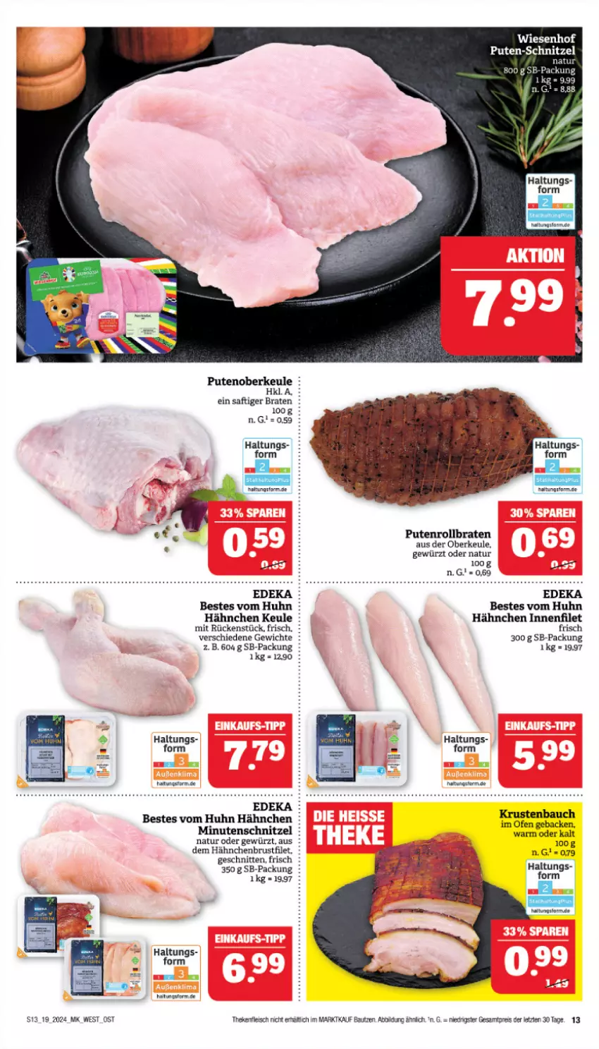 Aktueller Prospekt Marktkauf - Prospekt - von 05.05 bis 11.05.2024 - strona 13 - produkty: Bau, braten, deka, eis, elle, filet, fleisch, geback, gewürz, hähnchenbrust, minutenschnitzel, natur, Ofen, pute, Putenoberkeule, Putenrollbraten, reis, rollbraten, saft, schnitten, schnitzel, Ti, wiesenhof, ZTE