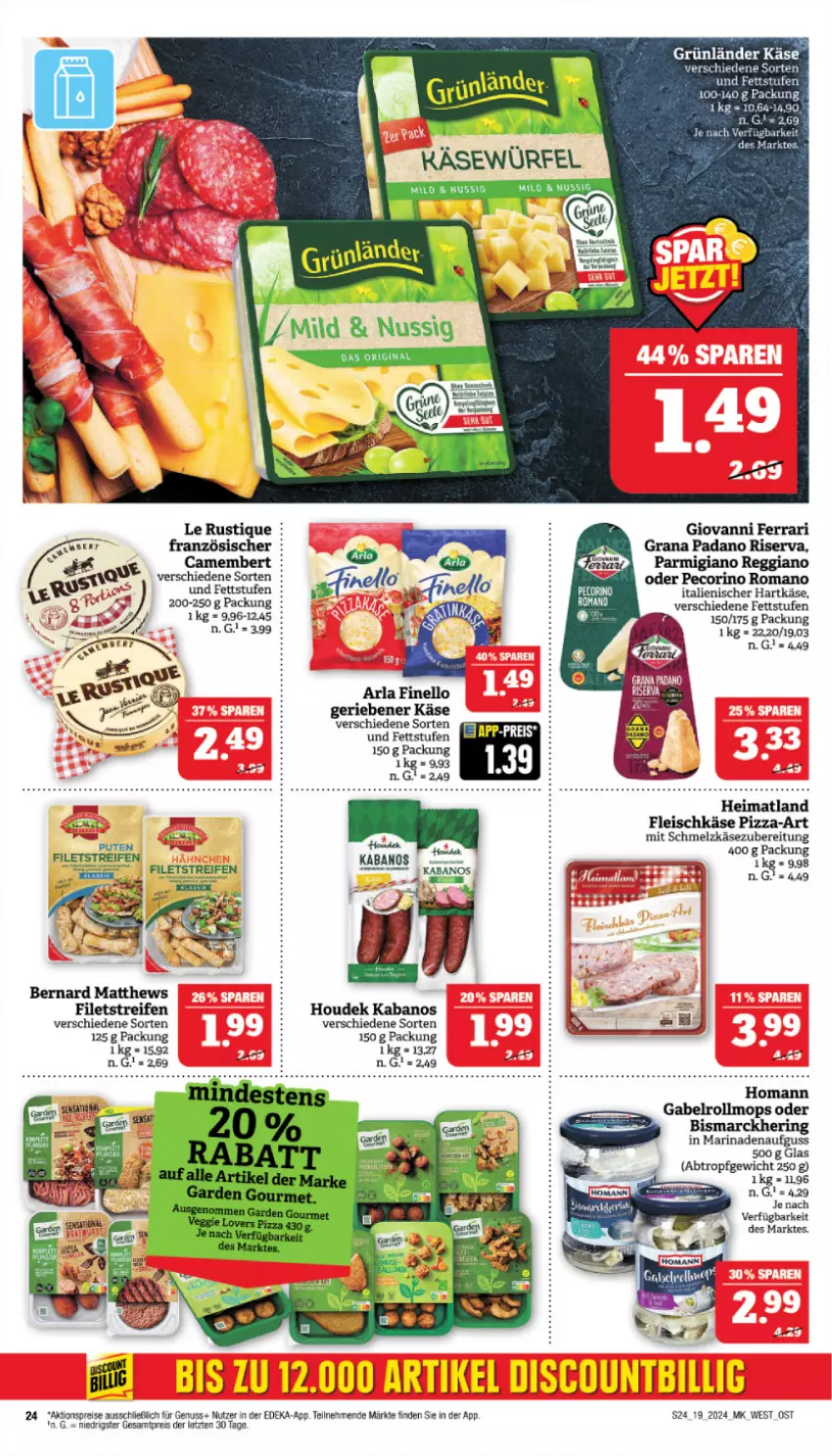 Aktueller Prospekt Marktkauf - Prospekt - von 05.05 bis 11.05.2024 - strona 24 - produkty: arla, bismarck, camembert, deka, eis, filet, filets, finello, fleisch, fleischkäse, gabel, grana, grana padano, grünländer, hartkäse, hering, homann, houdek, italienischer hartkäse, kabanos, Käse, Le Rustique, nuss, padano, parmigiano, parmigiano reggiano, Pecorino, pizza, Rana, reggiano, reifen, reis, ring, riserva, Schmelzkäse, schmelzkäsezubereitung, Ti, ZTE