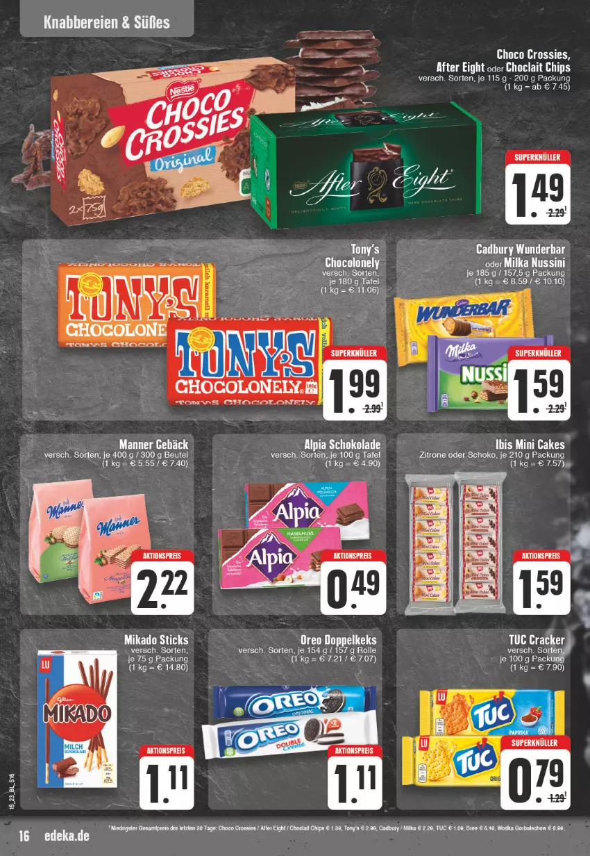 Aktueller Prospekt Edeka - Angebote der Woche - von 03.04 bis 08.04.2023 - strona 16 - produkty: after eight, aktionspreis, alpia, chips, choclait chips, choco crossies, cracker, crossies, deka, eis, elle, ente, Kette, Manner, mikado, reis, schoko, schokolade, tee, Ti, tuc, zitrone