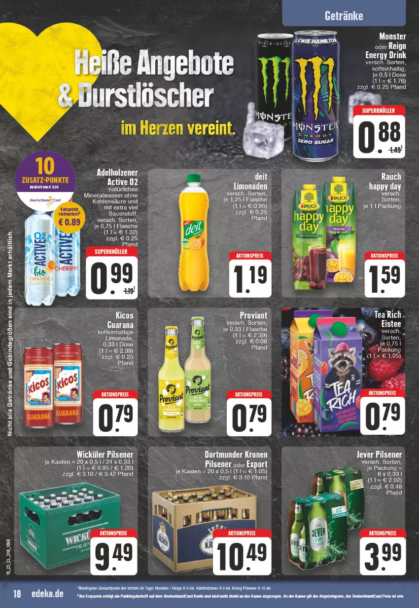 Aktueller Prospekt Edeka - Angebote der Woche - von 03.04 bis 08.04.2023 - strona 18 - produkty: aktionspreis, Alwa, auer, eis, ente, flasche, getränk, getränke, Holz, limo, limonade, limonaden, mineralwasser, monster, pils, pilsener, Proviant, Rana, Rauch, reis, Ti, wasser, ZTE