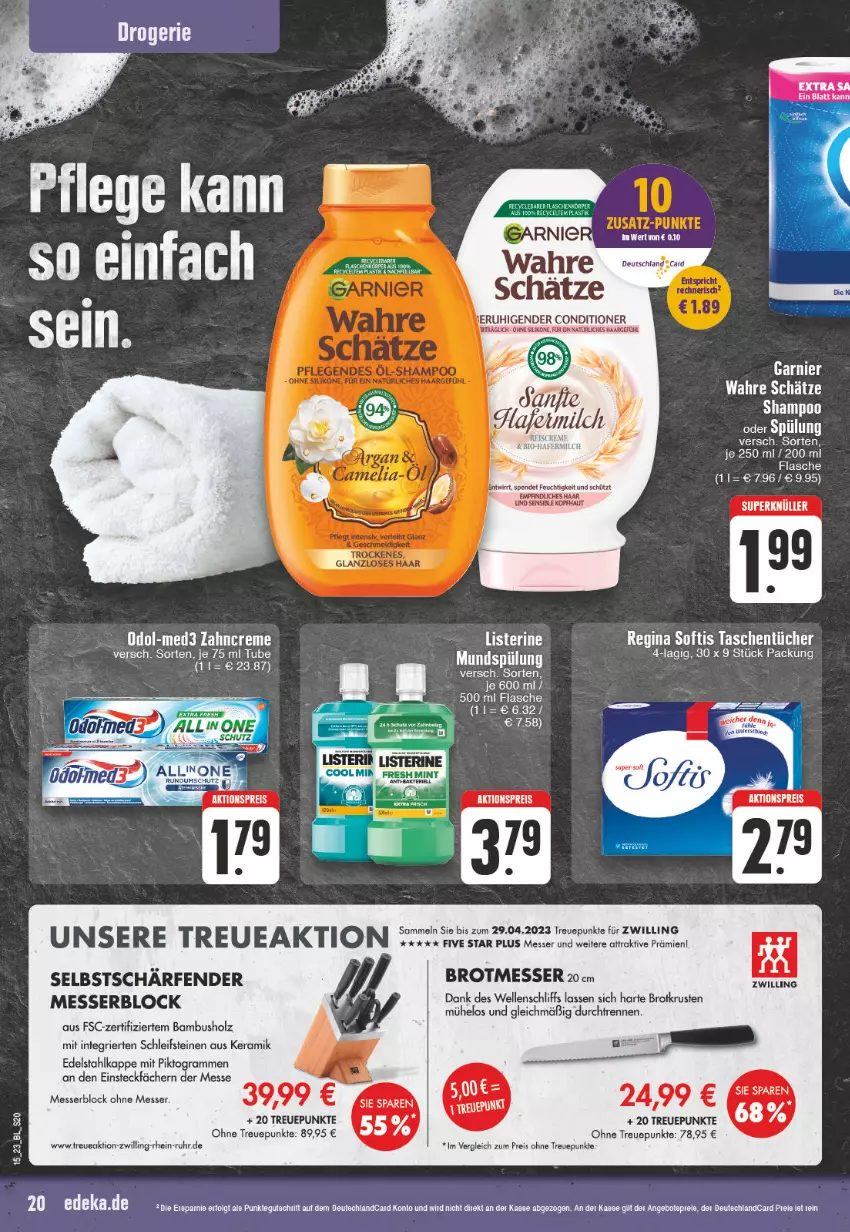 Aktueller Prospekt Edeka - Angebote der Woche - von 03.04 bis 08.04.2023 - strona 20 - produkty: aktionspreis, asti, bambus, brot, creme, edelstahl, eis, elle, flasche, gin, Holz, listerine, messer, messerblock, Odol, reis, shampoo, Tasche, taschen, taschentücher, Ti, Tiere, tücher, uhr, Wahre Schätze, zahncreme