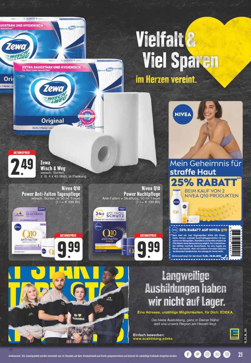 Aktueller Prospekt Edeka - Angebote der Woche - von 03.04 bis 08.04.2023 - strona 21 - produkty: aktionspreis, deka, deutschlandcard, eier, eis, erde, gesichtspflege, gin, nachtpflege, nivea, Q10, reis, Tagespflege, Ti, usb