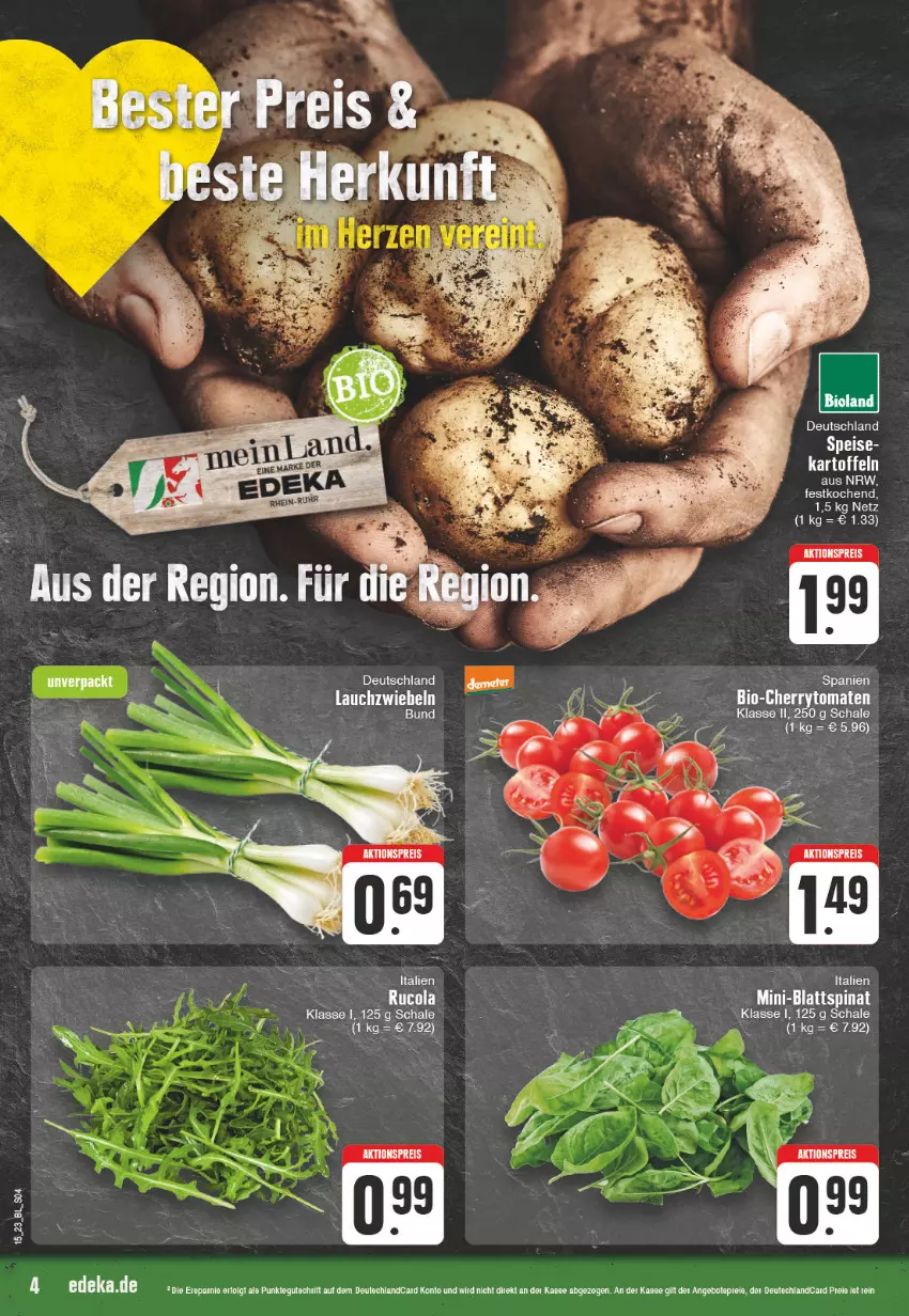 Aktueller Prospekt Edeka - Angebote der Woche - von 03.04 bis 08.04.2023 - strona 4 - produkty: angebot, angebotspreis, bio, bioland, deutschlandcard, eier, eis, kartoffel, kartoffeln, Lauchzwiebel, lauchzwiebeln, LG, reis, Schal, Schale, tee, Ti, zwiebel, zwiebeln