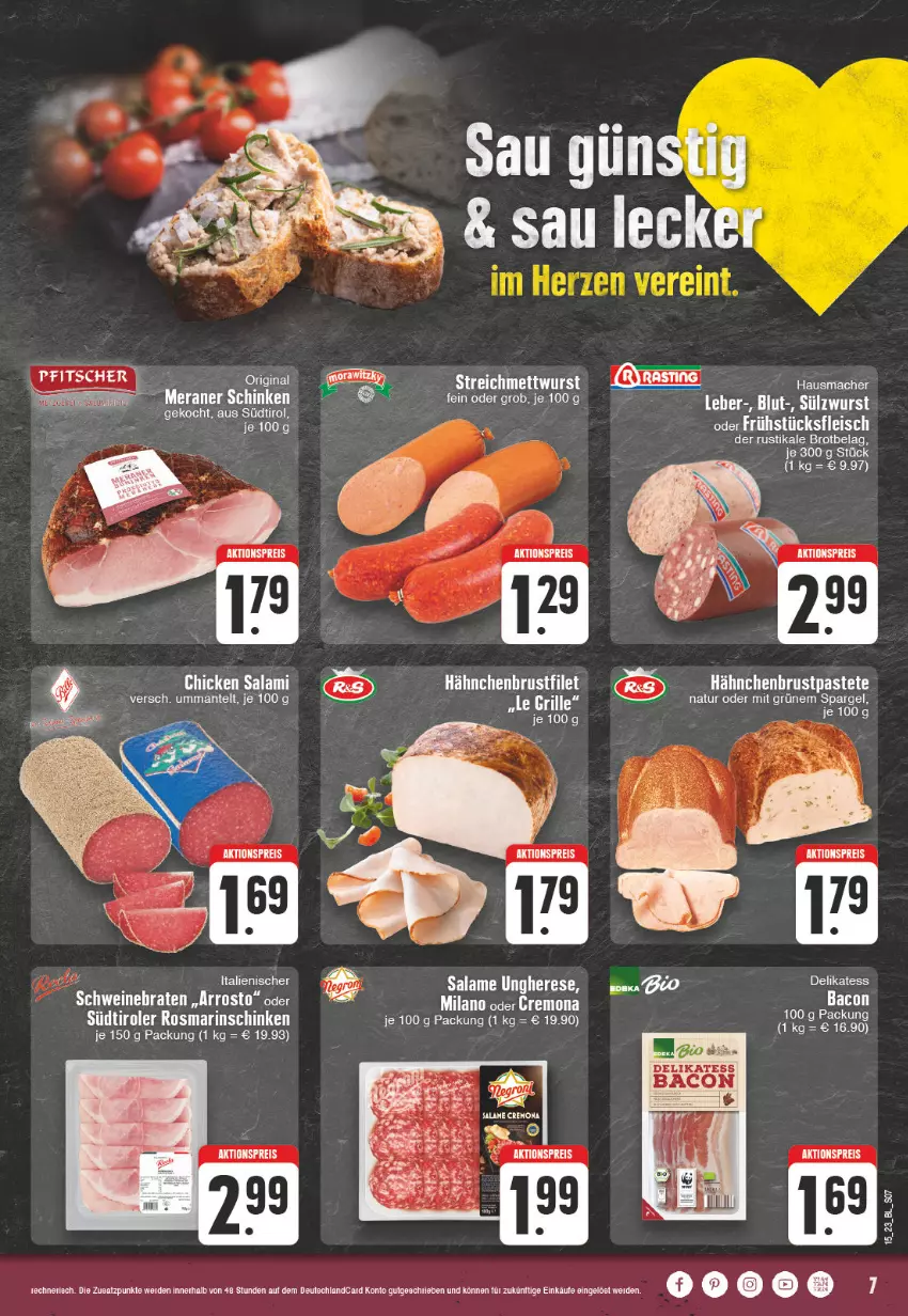 Aktueller Prospekt Edeka - Angebote der Woche - von 03.04 bis 08.04.2023 - strona 7 - produkty: aeg, aktionspreis, bacon, bett, bio, brot, eier, eis, ente, filet, fleisch, frühstücksfleisch, gin, hähnchenbrust, Hausmacher, mac, Mantel, Mett, mettwurst, natur, pastete, reis, rosmarin, schinken, spargel, steiner, südtiroler, tee, Ti, wurst