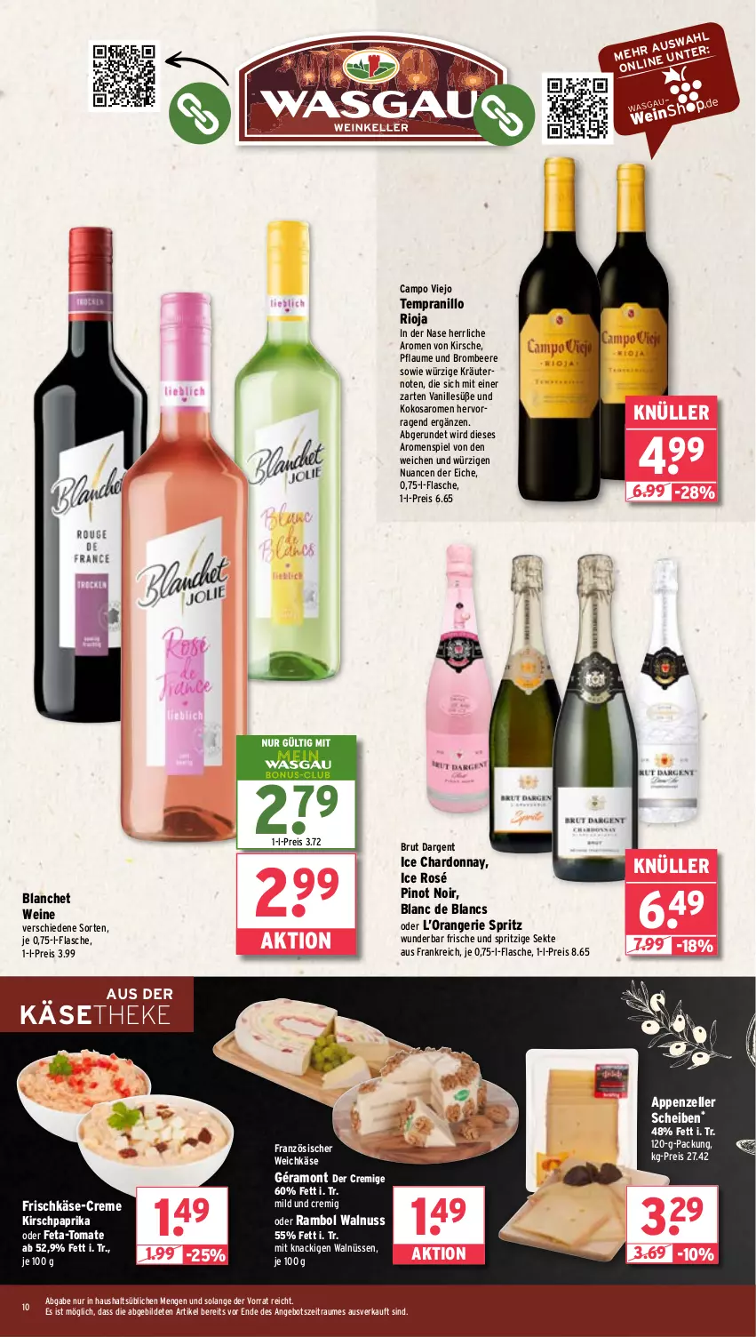 Aktueller Prospekt Wasgau - von 17.02 bis 22.02.2025 - strona 10 - produkty: angebot, appenzeller, beere, brombeere, brut, brut dargent, campo viejo, chardonnay, creme, de blancs, eis, elle, feta, flasche, französischer weichkäse, frischkäse, géramont, HP, Käse, käsetheke, kirsch, kirsche, kokos, kräuter, kräutern, Nuance, nuss, orange, paprika, pflaume, Pinot, pinot noir, reis, rioja, saro, sekt, tempranillo, Ti, tomate, vanille, walnuss, weichkäse, wein, weine