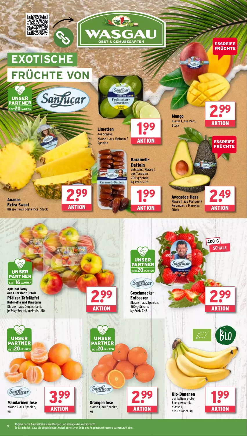 Aktueller Prospekt Wasgau - von 17.02 bis 22.02.2025 - strona 12 - produkty: ananas, angebot, apfel, avocado, avocados, banane, bananen, beere, beeren, beutel, bio, bio-bananen, Datteln, eis, elle, erdbeere, erdbeeren, früchte, karamell, limette, limetten, mac, mandarine, mandarinen, mango, Mett, metten, orange, orangen, quad, reis, Rubin, Schal, Schale, tafeläpfel, Ti, tisch