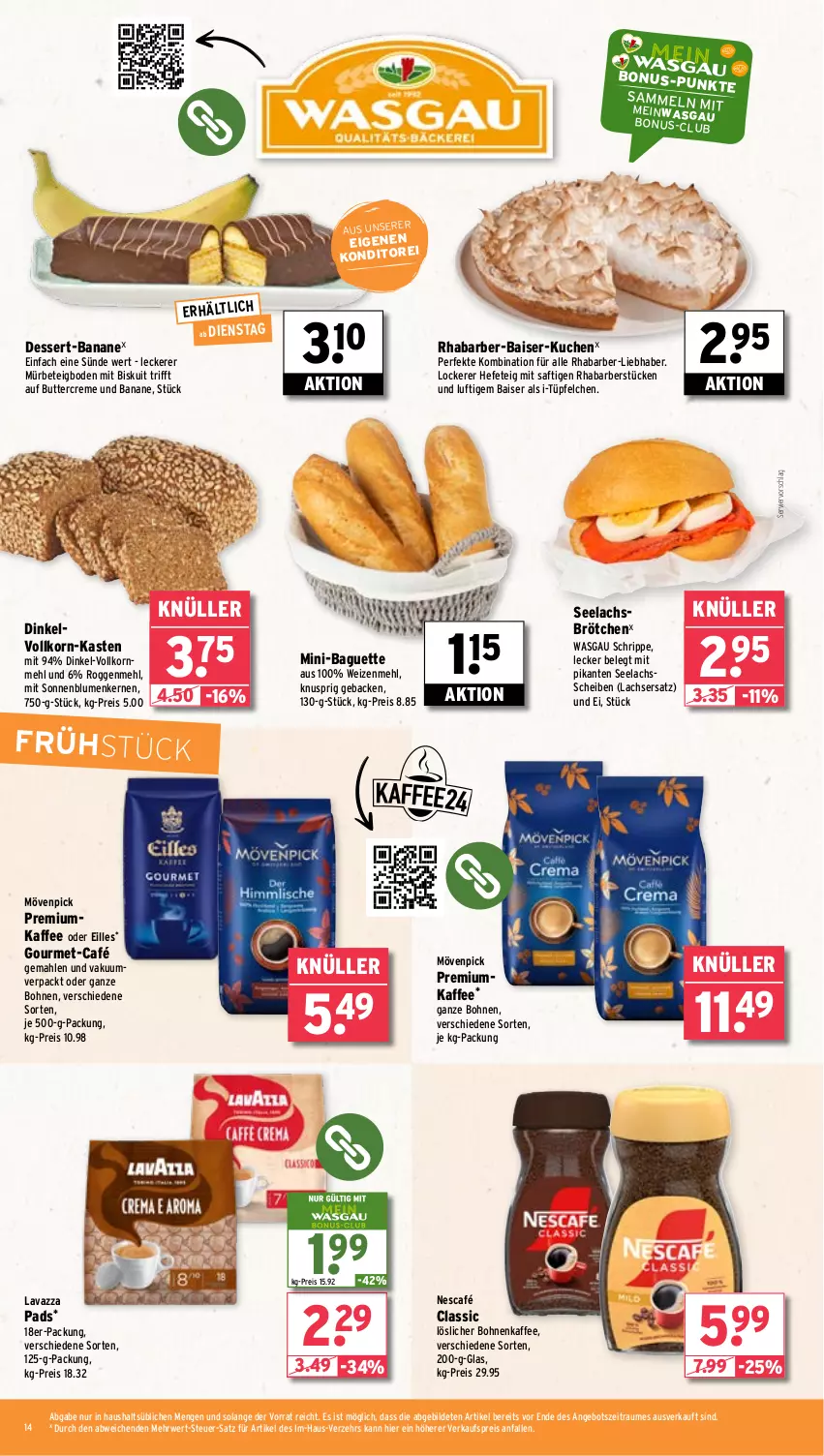 Aktueller Prospekt Wasgau - von 17.02 bis 22.02.2025 - strona 14 - produkty: angebot, baguette, banane, blume, blumen, bohne, bohnen, bohnenkaffee, brötchen, butter, creme, dessert, eis, geback, Hefe, kaffee, korn, kuchen, lachs, lavazza, löslicher bohnenkaffee, mehl, mövenpick, Nescafé, reis, rhabarber, rwe, saft, Ti, weizenmehl