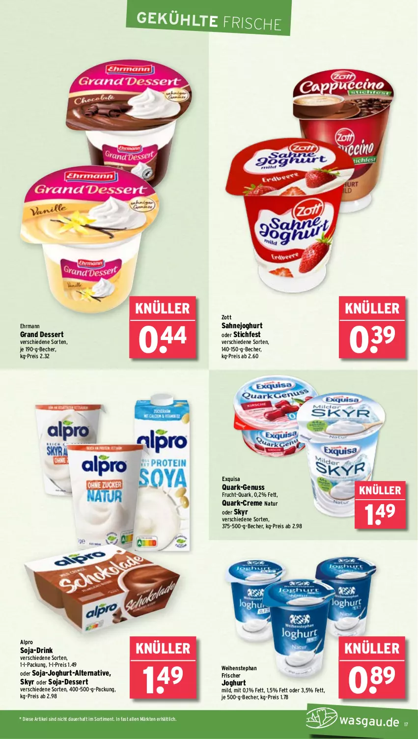 Aktueller Prospekt Wasgau - von 17.02 bis 22.02.2025 - strona 17 - produkty: alpro, auer, Becher, creme, dessert, drink, ehrmann, Ehrmann Grand Dessert, eis, exquisa, frucht, joghur, joghurt, joghurt mild, natur, nuss, quark, reis, sahne, Sahnejoghurt, Skyr, soja, Ti, weihenstephan, zott