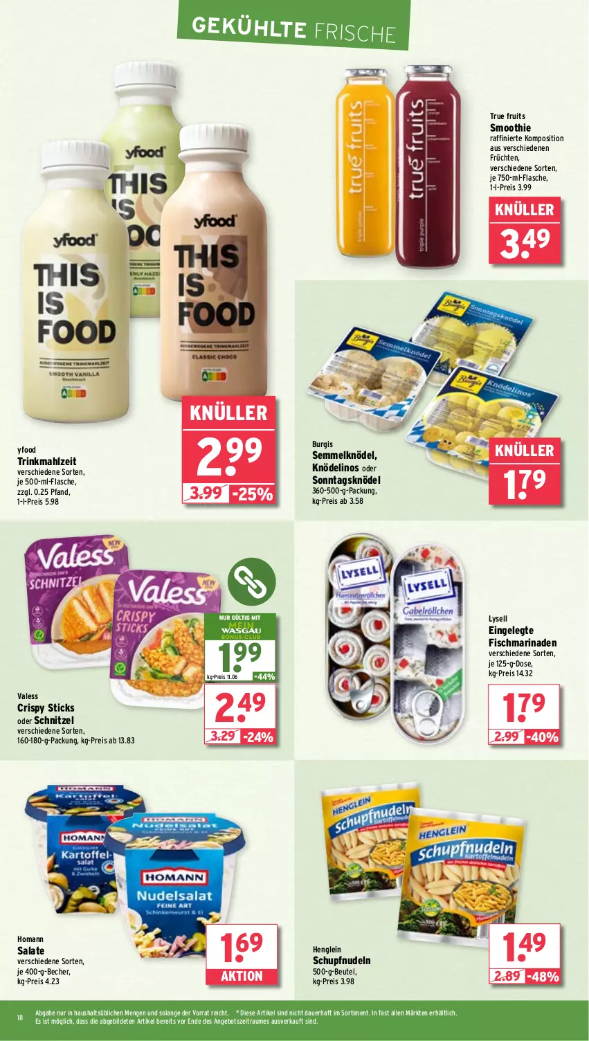 Aktueller Prospekt Wasgau - von 17.02 bis 22.02.2025 - strona 18 - produkty: angebot, auer, Becher, beutel, eis, fisch, flasche, früchte, früchten, henglein, homann, je 500-ml-flasche, Knödel, lysell, marinade, nudel, nudeln, reis, salat, salate, schnitzel, Semmel, Semmelknödel, smoothie, Ti, true fruits