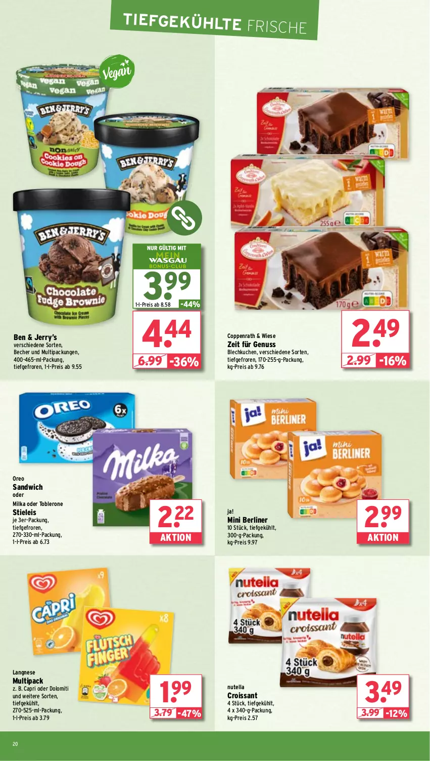 Aktueller Prospekt Wasgau - von 17.02 bis 22.02.2025 - strona 20 - produkty: Becher, berliner, Cap, coppenrath, Croissant, eis, kuchen, langnese, milka, nuss, nutella, oreo, reis, sandwich, stieleis, Ti, toblerone