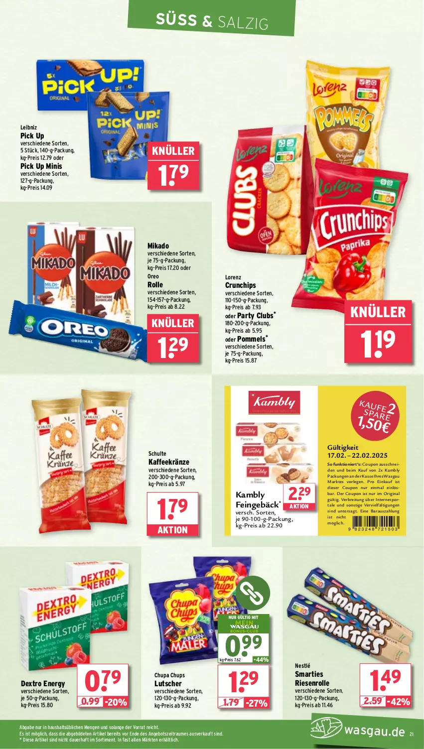 Aktueller Prospekt Wasgau - von 17.02 bis 22.02.2025 - strona 21 - produkty: angebot, auer, Brei, chips, chupa, chupa chups, coupon, crunchips, eis, gin, kaffee, leibniz, lorenz, Lutscher, mikado, nestlé, oreo, Pommels, reis, salz, smarties, Ti