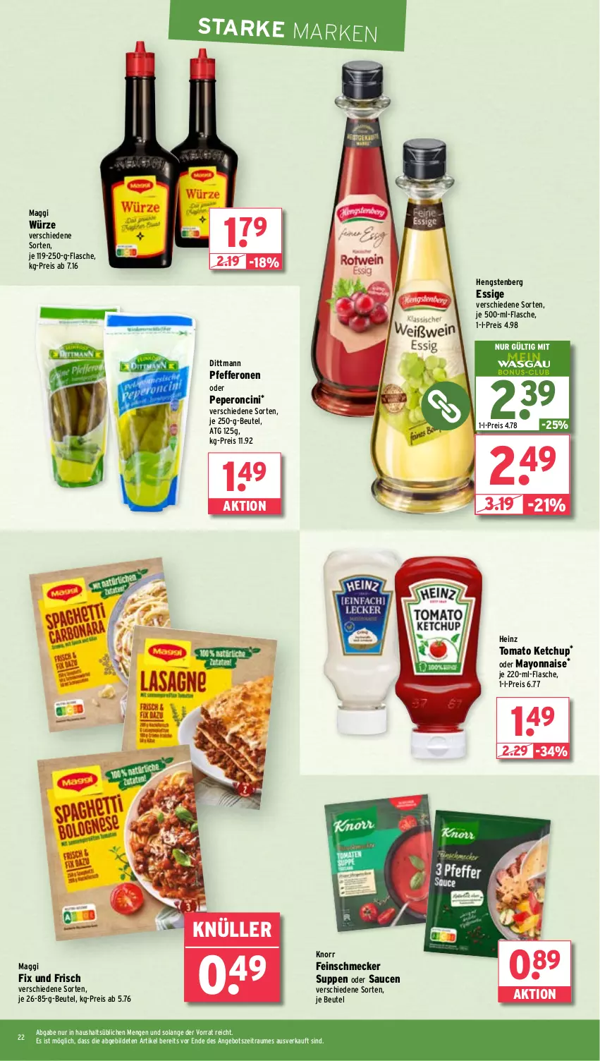 Aktueller Prospekt Wasgau - von 17.02 bis 22.02.2025 - strona 22 - produkty: angebot, beutel, cin, dittmann, eis, essig, feinschmecker, flasche, heinz, hengstenberg, je 500-ml-flasche, ketchup, knorr, maggi, maggi fix, maggi würze, mayonnaise, pfeffer, pfefferonen, reis, sauce, saucen, suppe, suppen, Ti, tomato ketchup, Yo