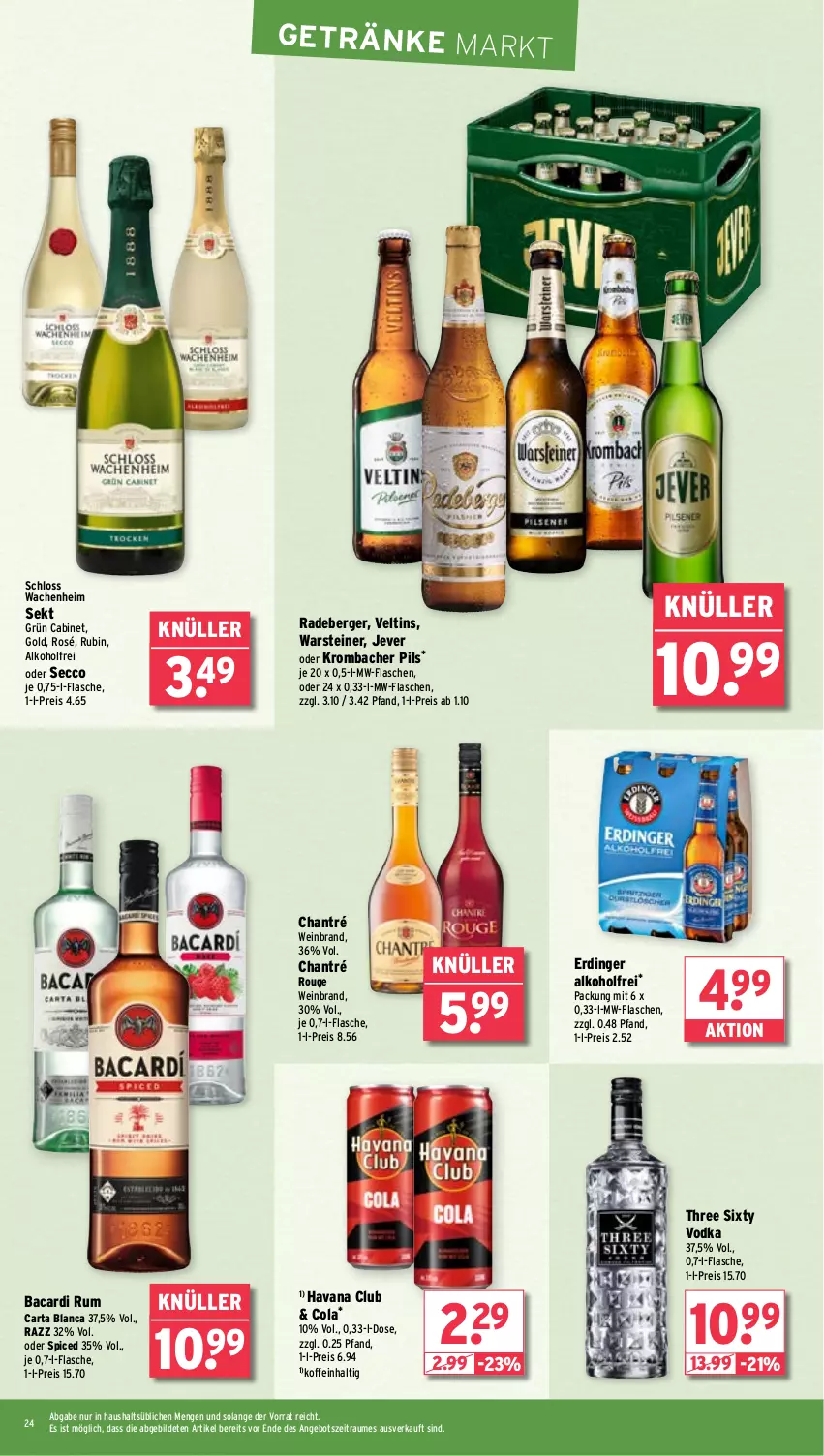 Aktueller Prospekt Wasgau - von 17.02 bis 22.02.2025 - strona 24 - produkty: alkohol, angebot, bacardi, bacardi rum, Berger, chantré, cola, ecco, eis, erdinger, flasche, getränk, getränke, Havana Club, jever, krombache, krombacher, krombacher pils, mw-flasche, pils, radeberger, reis, rouge, Rubin, rum, sekt, steiner, Three Sixty, Ti, veltins, vodka, warsteiner, wein, weinbrand