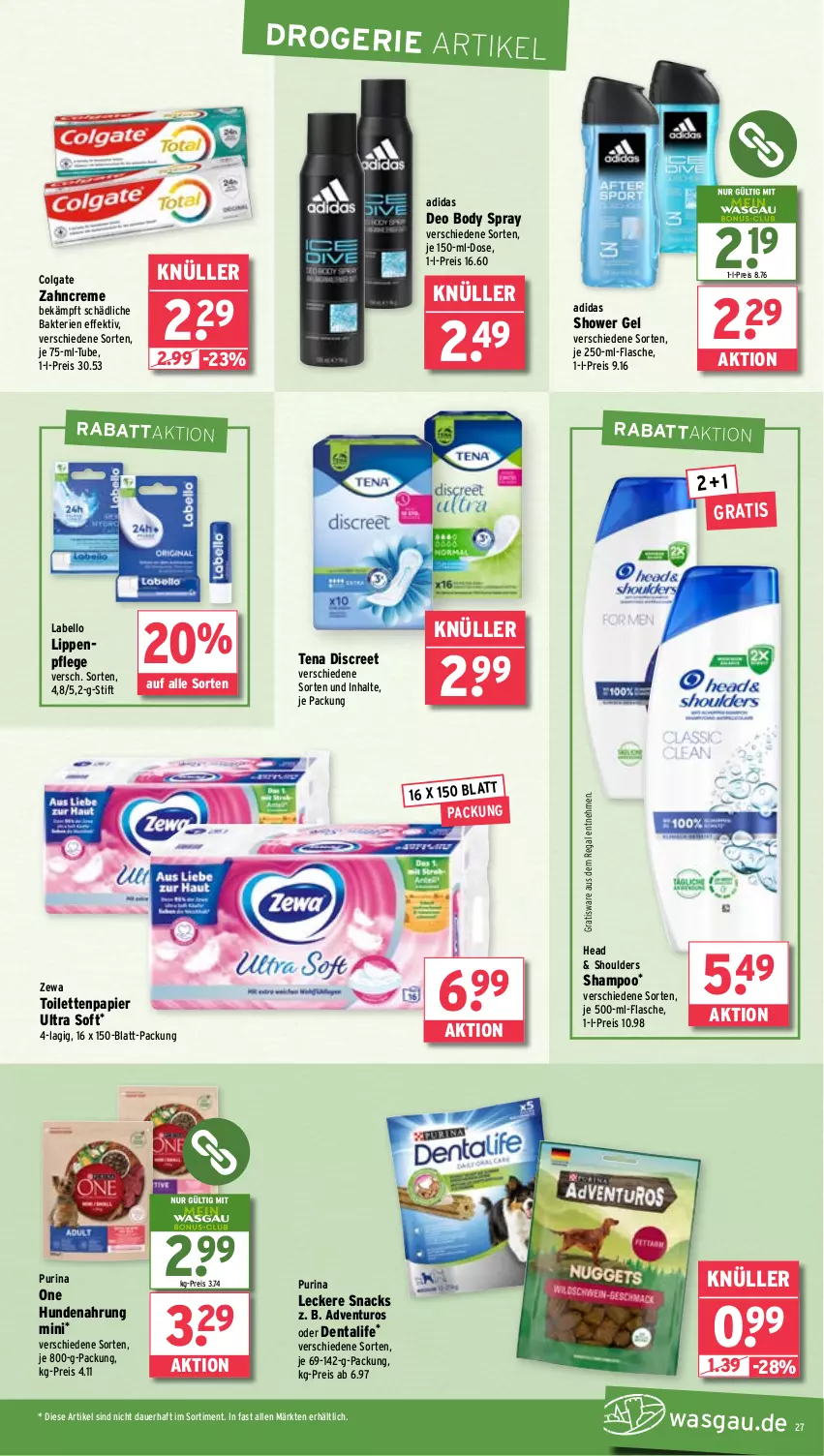 Aktueller Prospekt Wasgau - von 17.02 bis 22.02.2025 - strona 27 - produkty: Adidas, adventuros, auer, body, colgate, creme, deo, Discreet, eis, flasche, hundenahrung, je 500-ml-flasche, Labello, LG, Lippenpflege, papier, purina, regal, reis, shampoo, snack, snacks, Ti, toilettenpapier, zahncreme, zewa