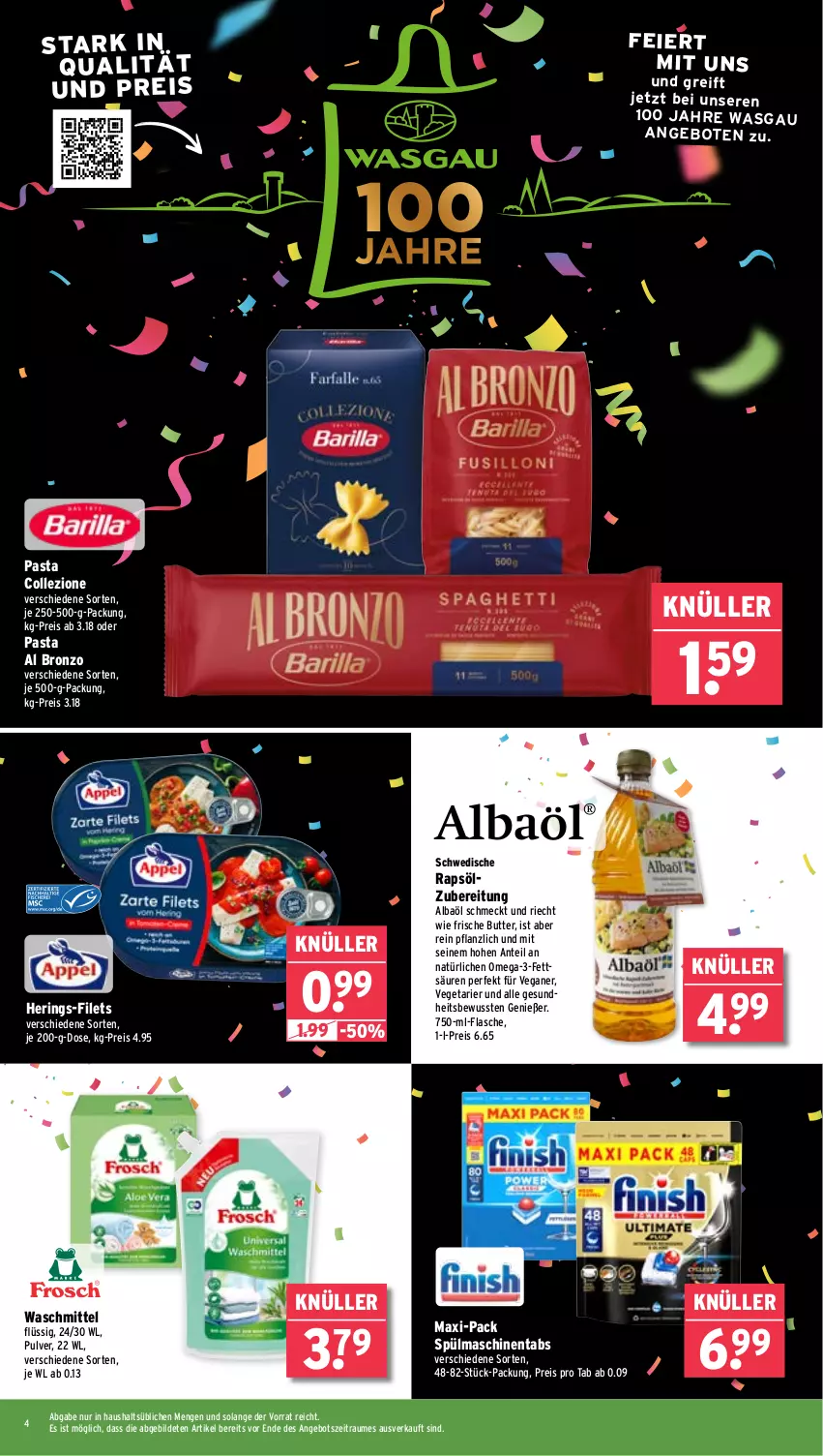 Aktueller Prospekt Wasgau - von 17.02 bis 22.02.2025 - strona 4 - produkty: angebot, angebote, butter, eier, eis, filet, filets, flasche, Gesundheit, hering, Herings, omega, Omega-3, pasta, rapsöl, reis, ring, spülmaschinen, spülmaschinentabs, Ti, Vegeta, waschmittel