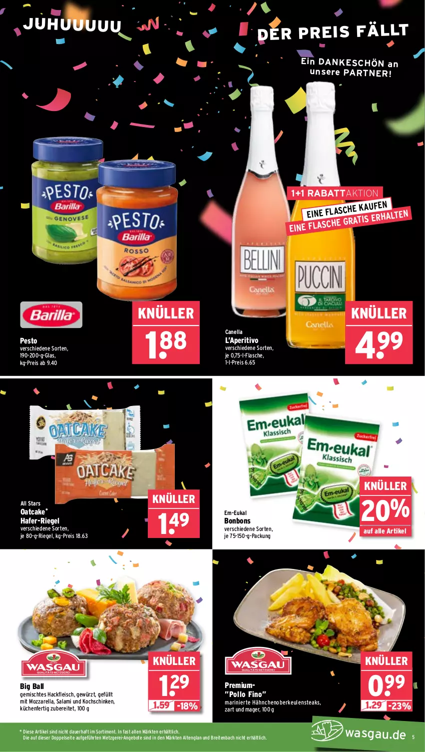 Aktueller Prospekt Wasgau - von 17.02 bis 22.02.2025 - strona 5 - produkty: angebot, angebote, auer, ball, bonbons, Brei, eis, flasche, fleisch, gewürz, hackfleisch, hafer, kochschinken, küche, Küchen, mozzarella, pesto, Pollo Fino, reis, rel, riegel, salami, schinken, steak, steaks, Ti, uhu