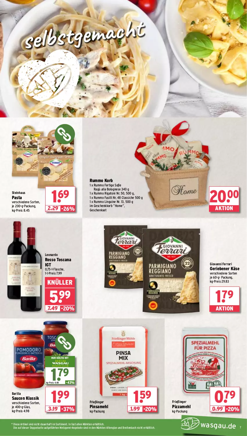 Aktueller Prospekt Wasgau - von 17.02 bis 22.02.2025 - strona 7 - produkty: angebot, angebote, auer, barilla, bolognese, Brei, eis, flasche, fusilli, geschenkset, Käse, korb, leonardo, mehl, pasta, pizza, Pizzamehl, reis, rum, sauce, saucen, Soße, steinhaus, Ti