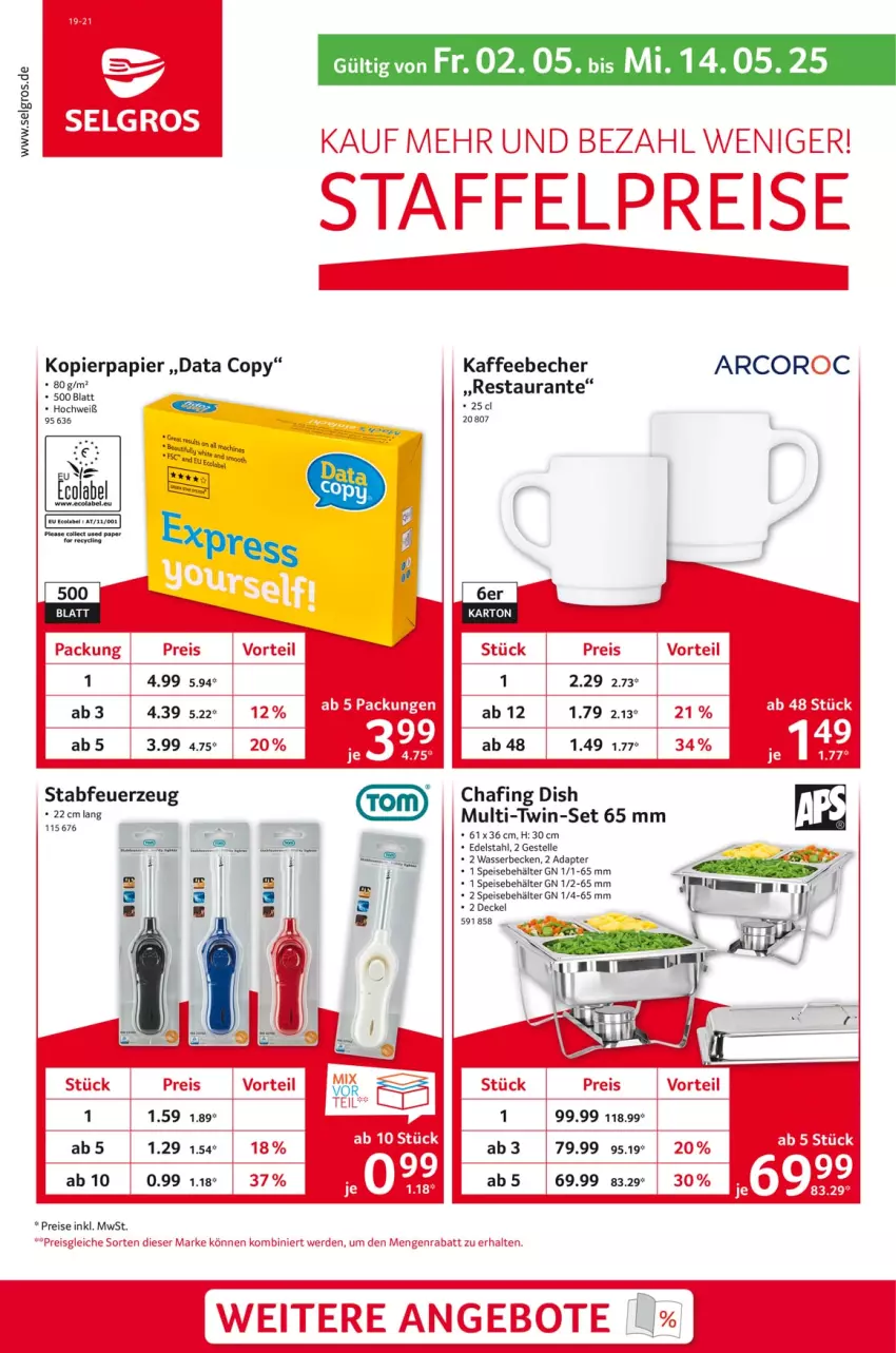 Aktueller Prospekt Selgros - Staffelpreise - von 02.05 bis 14.05.2025 - strona 1 - produkty: adapter, Becher, Behälter, decke, Deckel, edelstahl, eis, elle, erde, Feuerzeug, kaffee, kaffeebecher, kopierpapier, LG, papier, reis, Speisebehälter, Ti, wasser