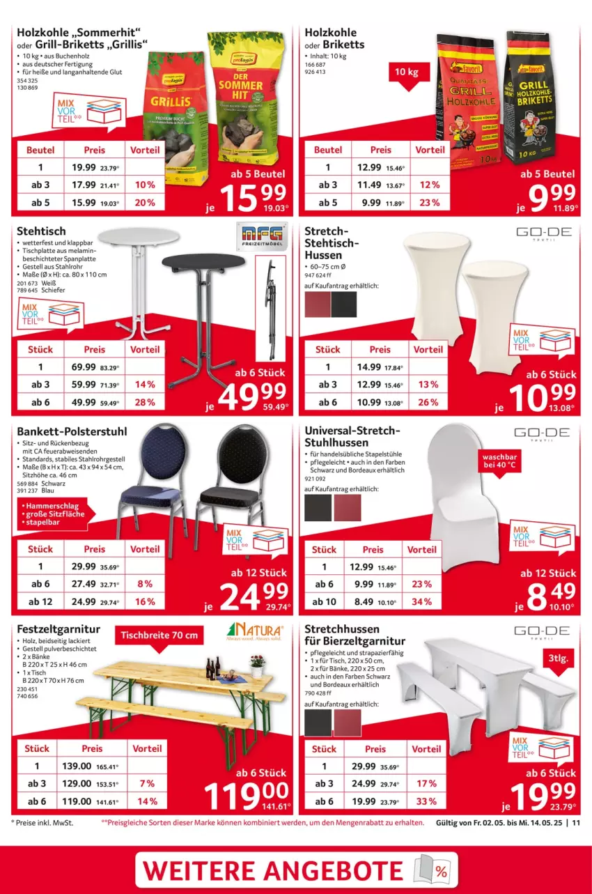 Aktueller Prospekt Selgros - Staffelpreise - von 02.05 bis 14.05.2025 - strona 11 - produkty: Bank, beutel, bier, Bierzeltgarnitur, briketts, buch, eis, freizeitmöbel, garnitur, grill, Holz, holzkohle, HP, lack, latte, möbel, polsterstuhl, reis, Sitzhöhe, Stapelstühl, stuhl, Stühl, Ti, tisch, tischplatte, Zelt