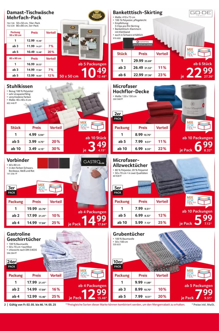 Aktueller Prospekt Selgros - Staffelpreise - von 02.05 bis 14.05.2025 - strona 2 - produkty: Allzwecktücher, Bank, Bau, baumwolle, decke, eis, erde, geschirr, geschirrtücher, kissen, Klammern, lamm, reis, stuhl, stuhlkissen, Ti, tisch, Tischwäsche, tücher, weck, wolle