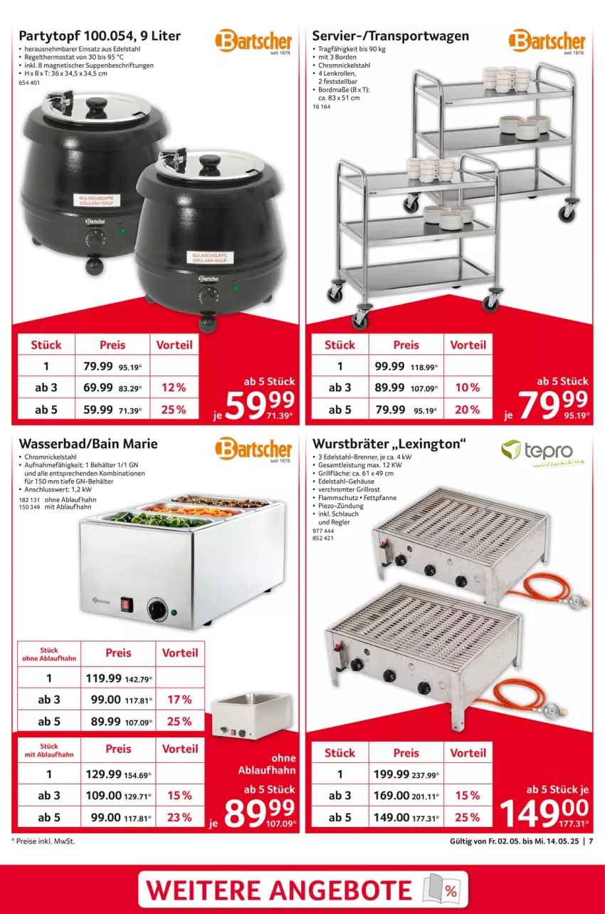 Aktueller Prospekt Selgros - Staffelpreise - von 02.05 bis 14.05.2025 - strona 7 - produkty: Bad, Behälter, edelstahl, eis, grill, grillfläche, grillrost, lamm, pfanne, piezo-zündung, reis, schlauch, Sport, suppe, suppen, tepro, thermostat, Ti, tisch, topf, Transportwagen, wasser, wurst