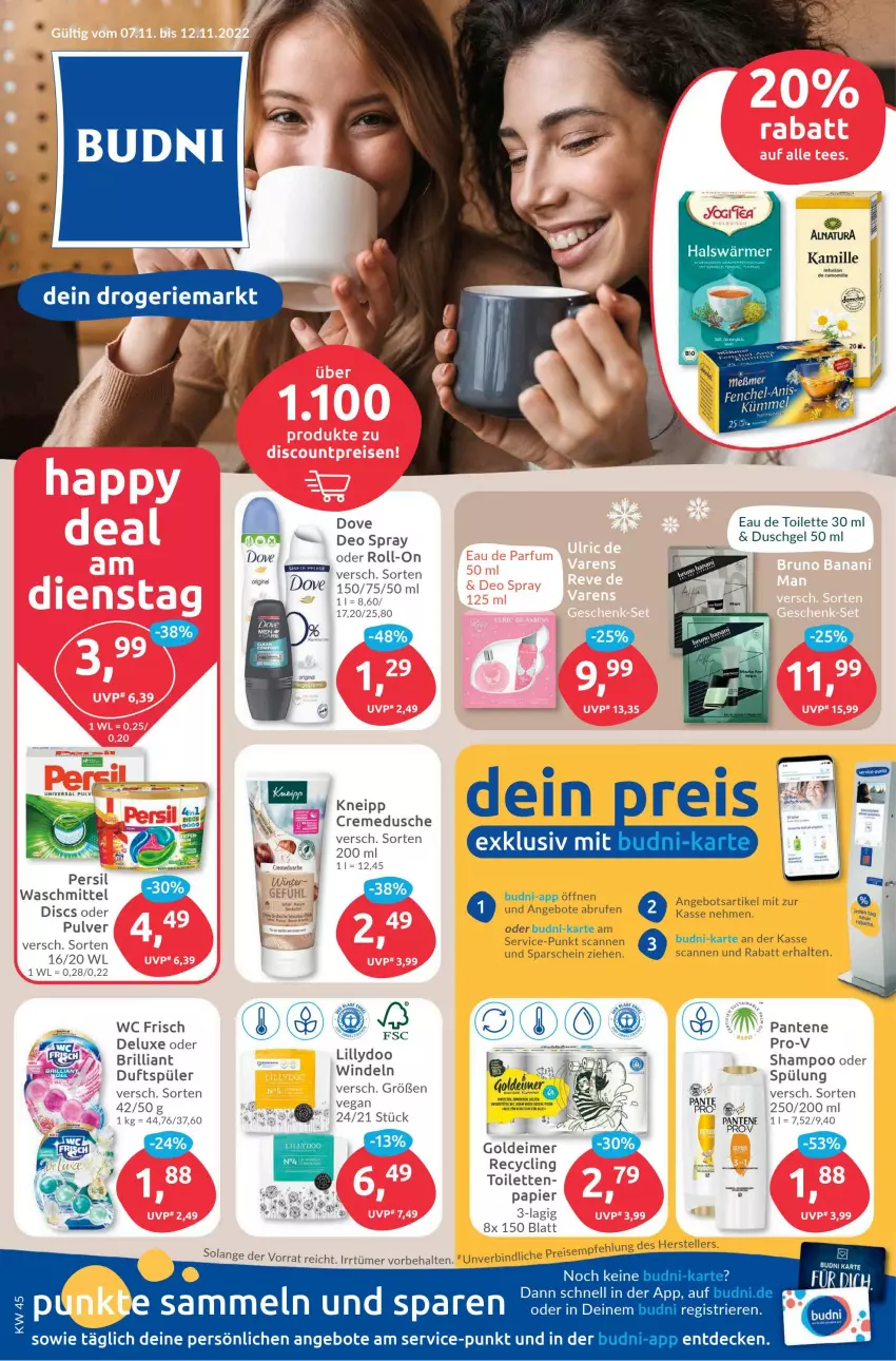 Aktueller Prospekt Budni - Prospekte - von 07.11 bis 12.11.2022 - strona 1 - produkty: angebot, angebote, Brufen, Clin, creme, cremedusche, decke, deo, deo spray, dove, dusche, duschgel, eau de toilette, eau de toilette 30 ml, eimer, eis, elle, Kamill, kamille, kneipp, merl, natur, pantene, papier, persil, pro-v, reis, roll-on, shampoo, spülung, teller, Ti, waschmittel, wc frisch, windeln