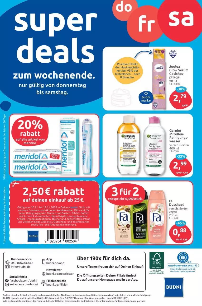 Aktueller Prospekt Budni - Prospekte - von 07.11 bis 12.11.2022 - strona 12 - produkty: asti, auer, bio, drucker, duschgel, eis, elle, Engel, fa duschgel, fleisch, garnier, kerze, meridol, miele, mizellen, Omep, Reinigung, reis, ring, rum, Serum, tee, teller, Ti, trolli, wasser, Yo, ZTE