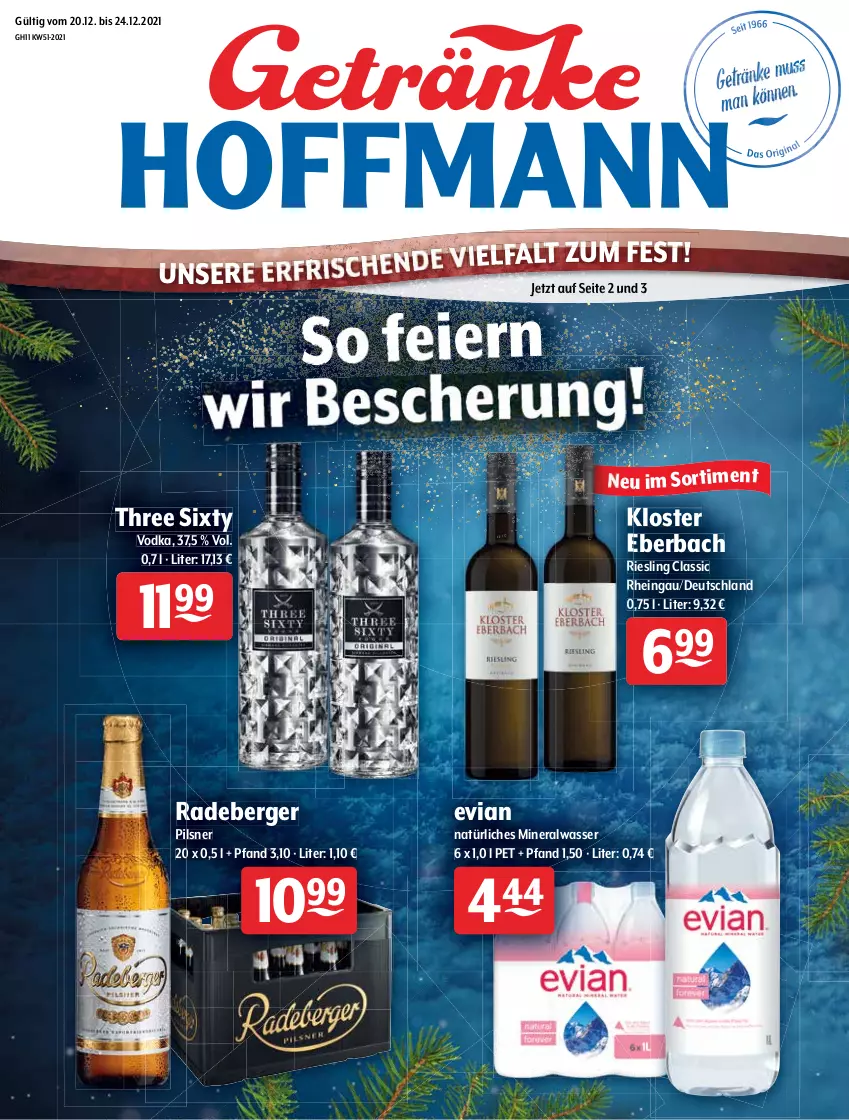 Aktueller Prospekt Getraenke Hoffmann - Prospekte - von 20.12 bis 24.12.2021 - strona 1 - produkty: Alwa, Berger, eier, Kloster Eberbach, mineralwasser, natürliches mineralwasser, pils, pilsner, radeberger, radeberger pilsner, riesling, Three Sixty, Ti, vodka, wasser