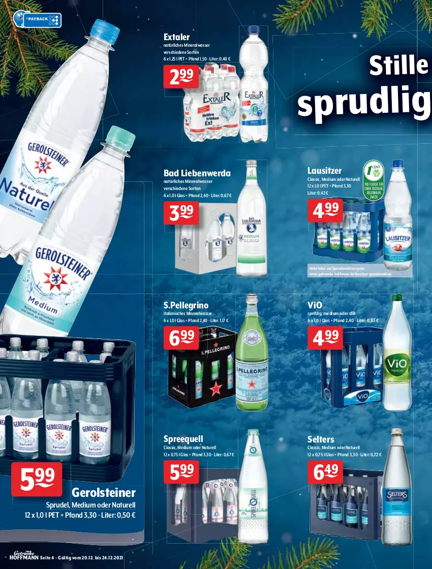 Aktueller Prospekt Getraenke Hoffmann - Prospekte - von 20.12 bis 24.12.2021 - strona 4 - produkty: alkohol, Alwa, aperitif, Bad, Bad Liebenwerda, coca-cola, cola, eier, elle, Extaler, fanta, gerolsteine, gerolsteiner, gin, Hohes C, Mezzo Mix, mineralwasser, Mio Mio, Mirinda, monster, natur, natürliches mineralwasser, pepsi, rel, rind, saft, Sanbittèr, schweppes, Schwip Schwap, Selters, Spreequell, sprite, Sprudel, steiner, Ti, wasser