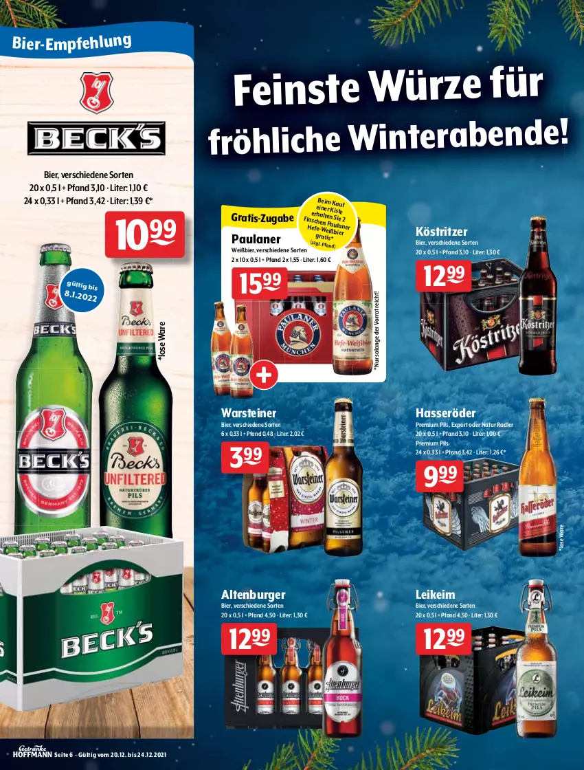 Aktueller Prospekt Getraenke Hoffmann - Prospekte - von 20.12 bis 24.12.2021 - strona 6 - produkty: alkohol, altenburger, berliner, berliner kindl, bier, Biere, bierspezialitäten, burger, flasche, gin, hasseröder, Hefe, Jubiläums, köstritzer, LG, natur, natur radler, oder radler, Paula, paulaner, pils, pilsener, pilsner, pilsner urquell, premium pils, radler, schöfferhofer, Spezi, steiner, störtebeker, Ti, warsteiner