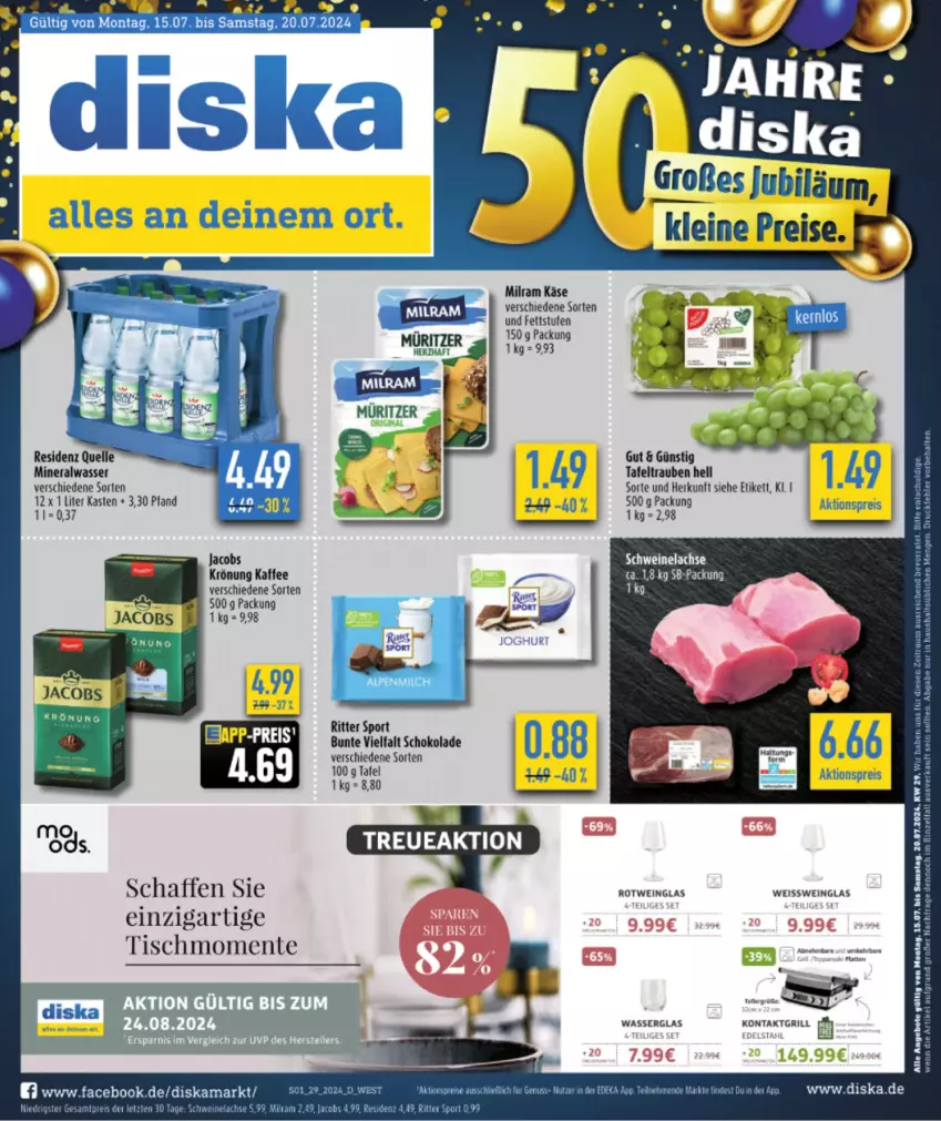 Aktueller Prospekt Diska - von 15.07 bis 20.07.2024 - strona 1 - produkty: aktionspreis, alpenmilch, Alwa, angebot, angebote, deka, edelstahl, eis, elle, ente, grill, jacobs, kaffee, Käse, kontaktgrill, milch, milram, mineralwasser, nuss, reis, rel, ritter, ritter sport, rotwein, schoko, schokolade, Sport, tafeltrauben, Ti, tisch, trauben, wasser, wein