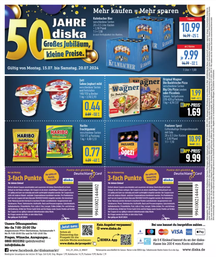 Aktueller Prospekt Diska - von 15.07 bis 20.07.2024 - strona 12 - produkty: aeg, angebot, angebote, bier, cola, coupon, deka, eis, ente, erde, frucht, fruchtgummi, gin, gutschein, Heu, limo, limonade, nuss, orange, orangen, original wagner, Paula, paulaner, pizza, reis, sac, Spezi, Ti, uhr, uhu, wagner, zott, ZTE