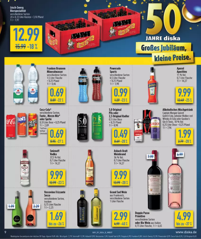 Aktueller Prospekt Diska - von 15.07 bis 20.07.2024 - strona 9 - produkty: alkohol, Alwa, aperol, asbach uralt, bier, bio, brunnen, cola, doppio passo, ecco, eis, fanta, flasche, franken brunnen, frizzante, getränk, gin, gordon, grand sud, johnnie walker, leine, Mezzo Mix, mineralwasser, oder sprite, passo, pils, primitivo, radler, reis, Spezi, Sport, sprite, Ti, tonic, vescovino, vodka, wasser, wein, weinbrand, whisky