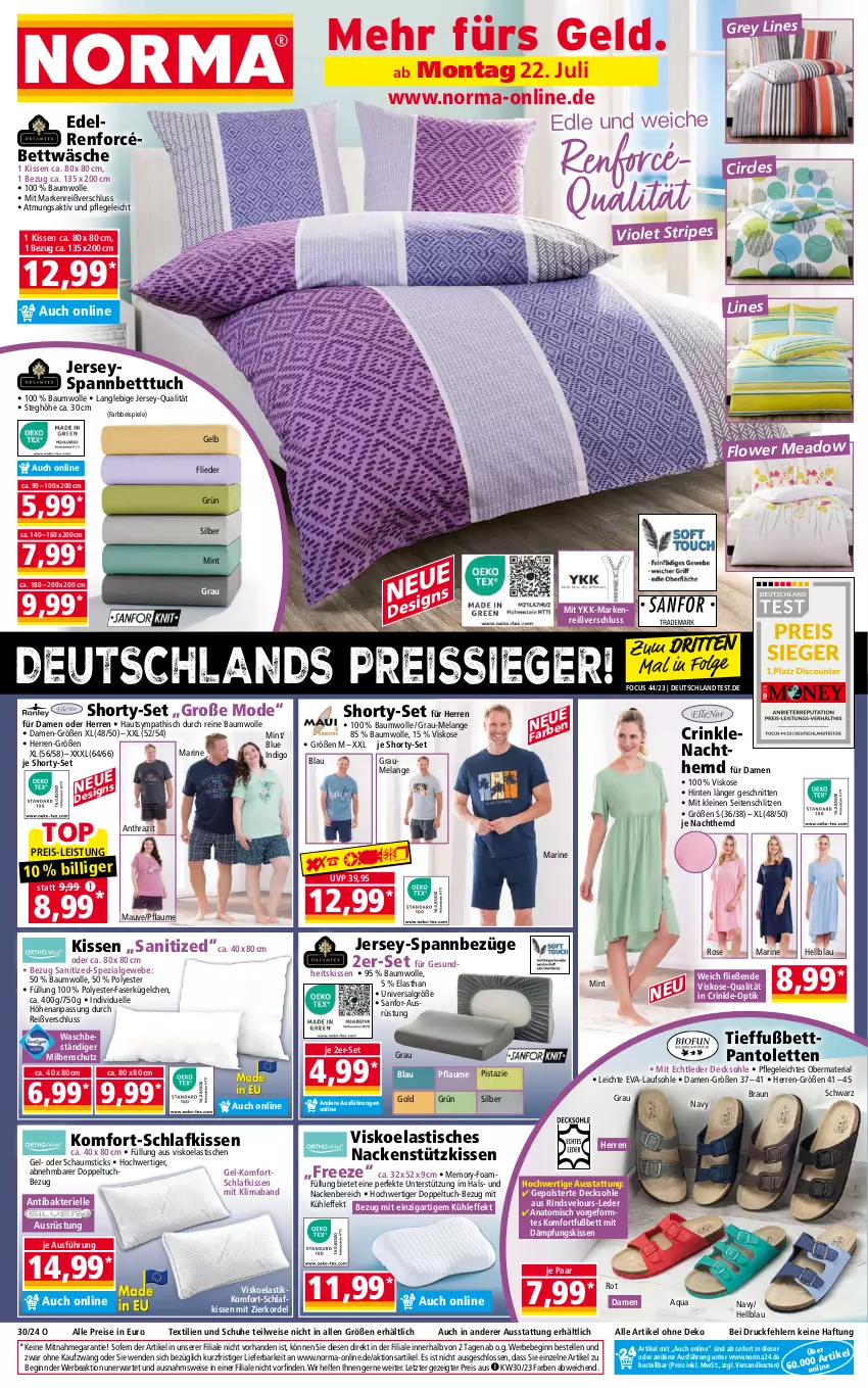 Aktueller Prospekt Norma - Norma - von 22.07 bis 29.07.2024 - strona 1 - produkty: aqua, asti, Bau, baumwolle, Bebe, bett, Betttuch, bettwäsche, braun, decksohle, eis, Elan, elle, flieder, gin, hemd, kissen, leine, LG, mab, mint, Mode, Nachthemd, nackenstützkissen, ndk, pantolette, pantoletten, pflaume, reine baumwolle, reis, reiss, Ria, rind, schnitten, schuhe, shorty, spannbetttuch, Spezi, Spiele, Ti, tisch, tuc, wolle, ZTE