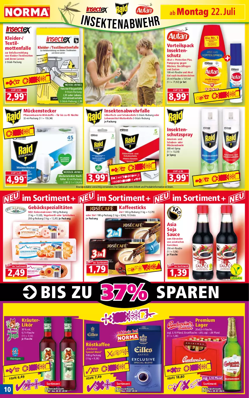 Aktueller Prospekt Norma - Norma - von 22.07 bis 29.07.2024 - strona 10 - produkty: bio, biozidprodukte, eis, fenster, fisch, flasche, insektenschutz, kaffee, kleid, kleider, kokos, kräuter, kräuterlikör, krone, lebensmittel, Liege, likör, Mottenfalle, Mückenstecker, pflanze, pflanzen, Rauch, röstkaffee, rwe, sauce, sekt, soja, Spezi, Ti, tisch