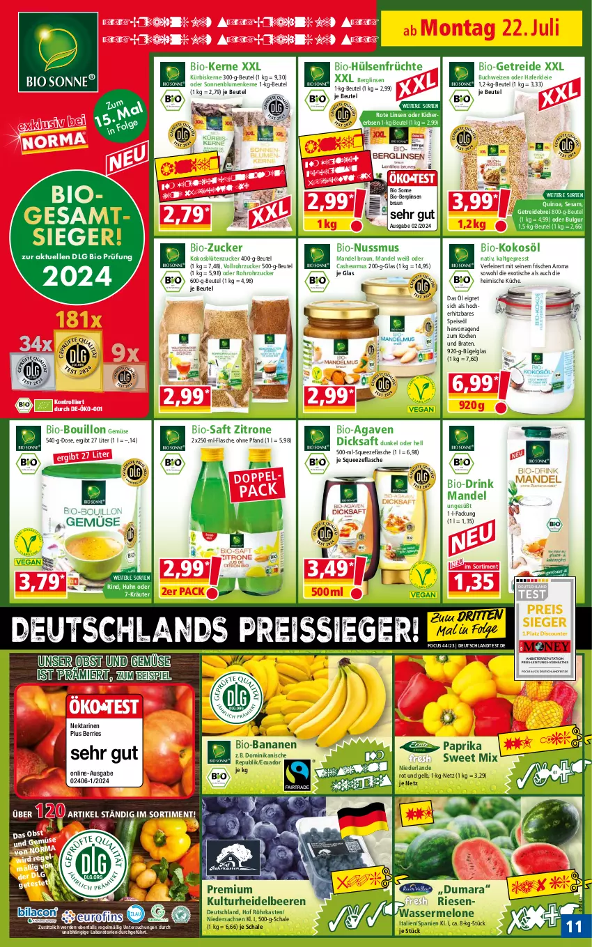 Aktueller Prospekt Norma - Norma - von 22.07 bis 29.07.2024 - strona 11 - produkty: agaven, banane, bananen, beere, beeren, beutel, bio, bio-bananen, blume, blumen, Blüte, braten, braun, Brei, buch, bügel, bulgur, Cashew, dicksaft, drink, eis, elle, erbsen, erde, flasche, früchte, hafer, heidelbeere, heidelbeeren, hülsenfrüchte, kichererbsen, kokos, kokosöl, kräuter, küche, Kürbis, kürbiskerne, LG, linsen, mandel, melone, Nektar, nektarinen, nuss, obst, Obst und Gemüse, paprika, quinoa, reis, reiss, rind, rohrzucker, Rote Linsen, sac, saft, Schal, Schale, senf, sesam, sonnenblume, sonnenblumen, Sonnenblumenkerne, Ti, tiefpreis, tisch, trolli, und gemüse, wasser, wassermelone, zitrone, zucker