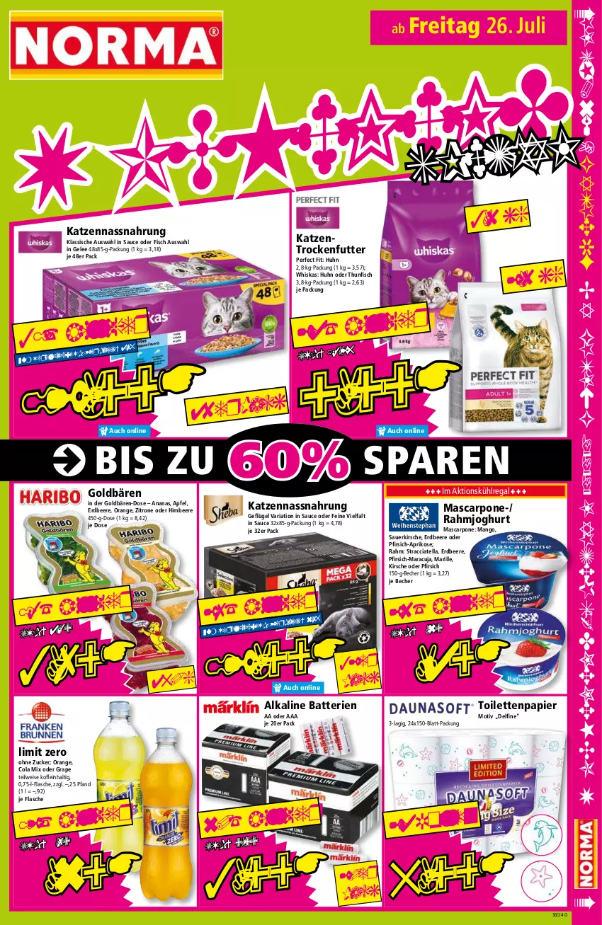 Aktueller Prospekt Norma - Norma - von 22.07 bis 29.07.2024 - strona 15 - produkty: ACC, ananas, apfel, aprikose, auer, batterie, batterien, Becher, beere, cola, eis, erdbeere, fisch, flasche, Geflügel, gelee, goldbären, himbeer, himbeere, joghur, joghurt, Katzentrockenfutter, kirsch, kirsche, kühlregal, mango, maracuja, mascarpone, Nassnahrung, orange, papier, Perfect Fit, pfirsich, rahmjoghurt, regal, Ria, sauce, thunfisch, Ti, toilettenpapier, trockenfutter, whiskas, zitrone, zucker