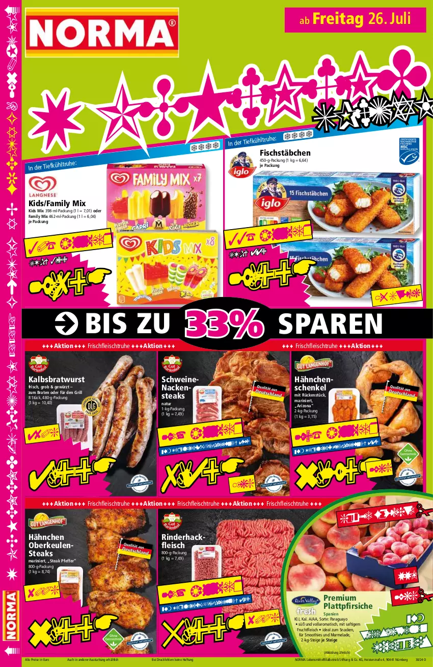 Aktueller Prospekt Norma - Norma - von 22.07 bis 29.07.2024 - strona 16 - produkty: braten, bratwurst, eis, fisch, fischstäbchen, fleisch, frucht, fruchtfleisch, gewürz, grill, hackfleisch, hähnchenschenkel, henkel, Kalbsbratwurst, lebensmittel, marmelade, Nackensteak, nackensteaks, natur, pfeffer, pfirsich, pfirsiche, plattpfirsiche, reis, rind, rinder, rinderhackfleisch, saft, schenkel, schwein, schweine, schweinenacken, smoothie, smoothies, snack, steak, steaks, Ti, tiefpreis, tisch, wein, weine, wurst, Yo