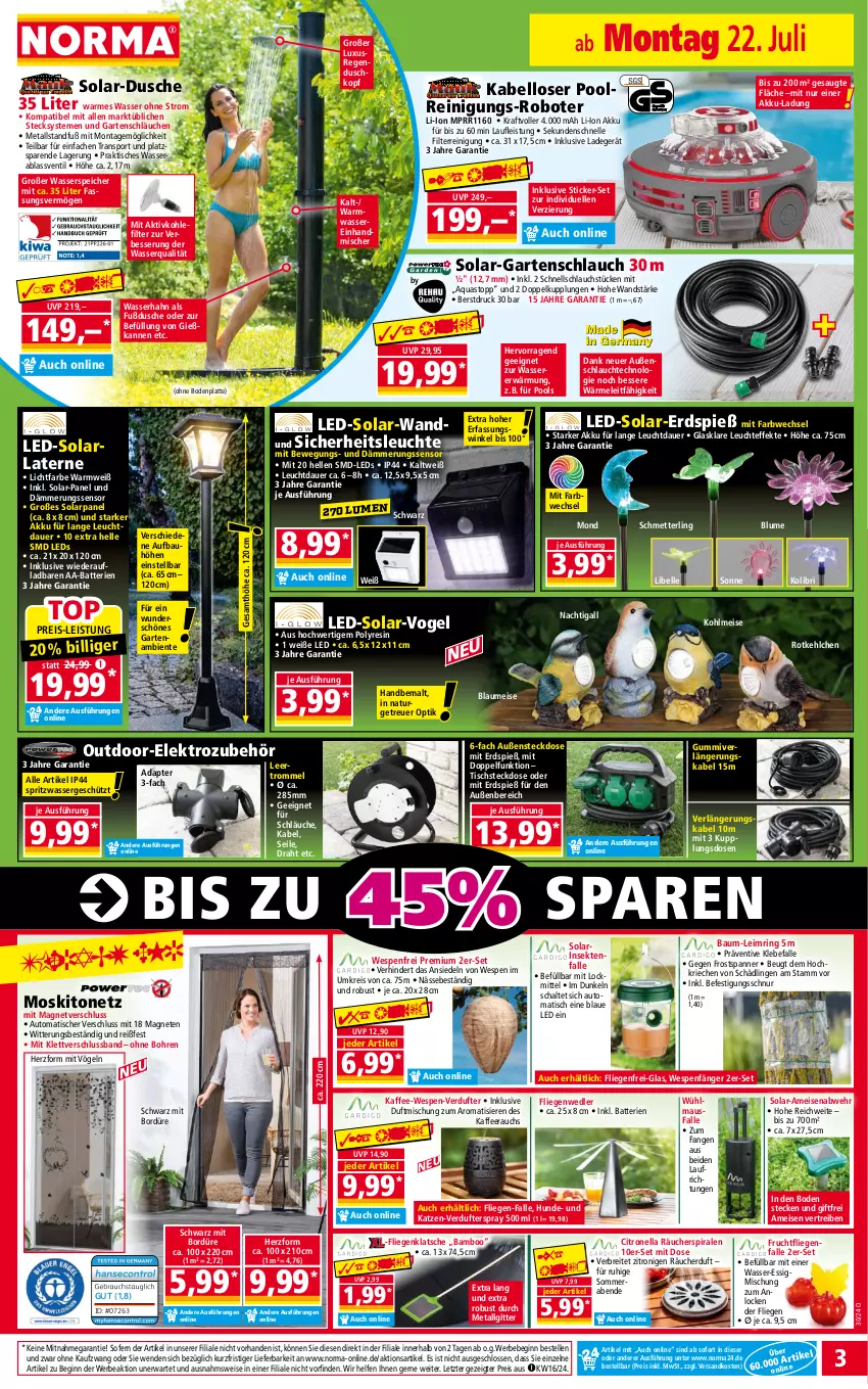 Aktueller Prospekt Norma - Norma - von 22.07 bis 29.07.2024 - strona 3 - produkty: AA-Batterien, adapter, akku, aqua, aquastop, arla, auer, auto, bamboo, batterie, batterien, Bau, Bebe, blume, Bodenplatte, Brei, Draht, dusche, eis, Elektro, elle, ente, essig, Fliegenklatsche, frucht, Garten, gartenschlauch, Gießkanne, gin, gsw, kaffee, kraft, ladegerät, laterne, latte, leds, Leuchte, LG, Liege, Maus, Mett, moskitonetz, natur, ndk, pool, Rauch, Reinigung, reis, ring, Schal, schlauch, schläuche, Schmetterling, sekt, Sport, steckdose, Ti, tisch, trommel, wasser, ZTE