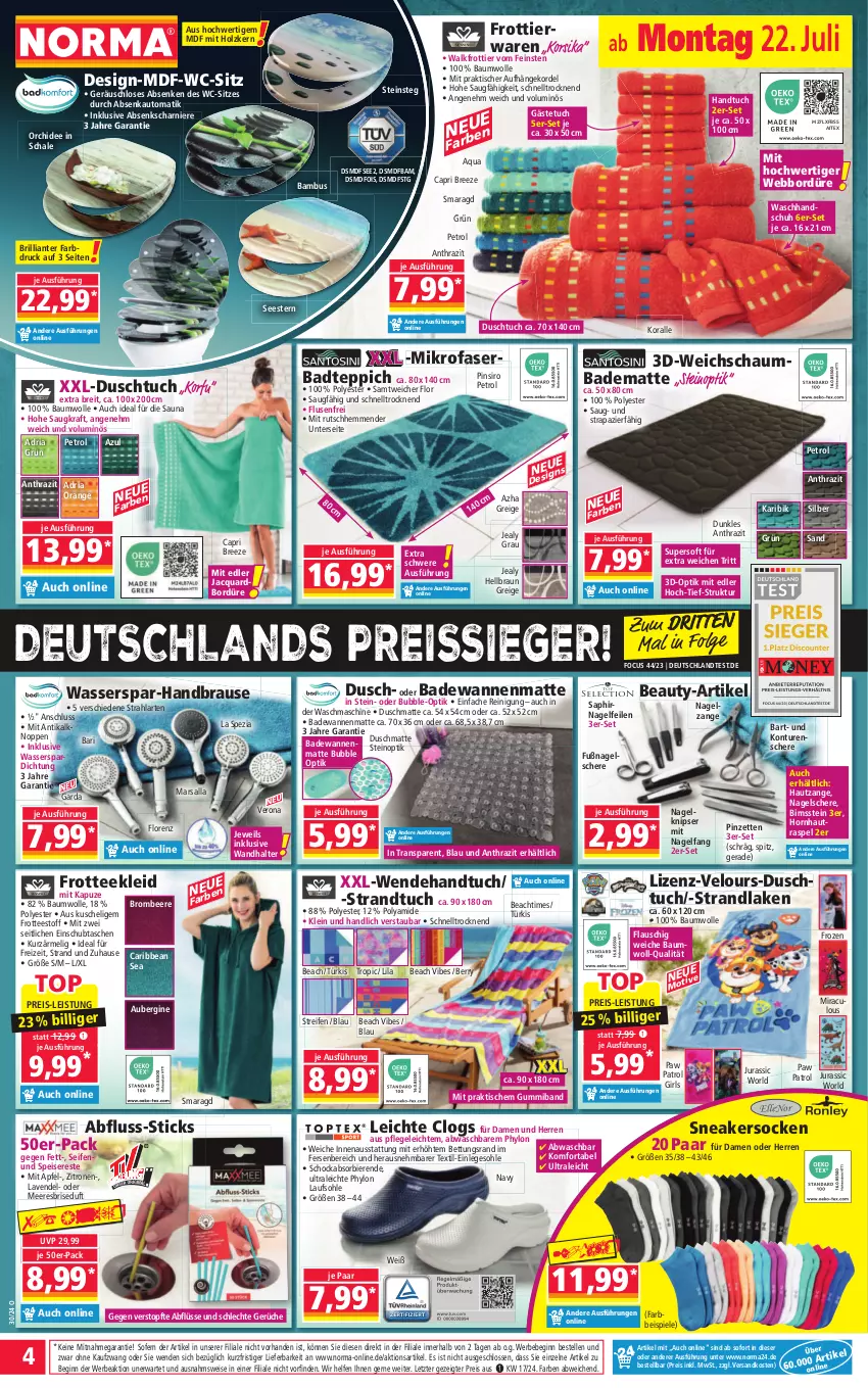 Aktueller Prospekt Norma - Norma - von 22.07 bis 29.07.2024 - strona 4 - produkty: apfel, aqua, aubergine, auto, Bad, badematte, Badewanne, badteppich, bambus, Bau, baumwolle, Bebe, beere, bett, bier, Biere, Bimsstein, braun, brause, bree, Brei, brombeere, Cap, Clogs, Duschmatte, duschtuch, eis, elle, gästetuch, gin, handbrause, handtuch, Hautzange, Holz, Hornhautraspel, Hylo, Jura, kleid, kraft, lavendel, LG, lorenz, mars, mikrofaser, Nagelfeile, Nagelzange, ndk, orange, orchidee, Paw Patrol, Pinzette, reifen, Reinigung, reis, reiss, Ria, Schal, Schale, schaumbad, Schere, Seife, senf, sneaker, sneakersocken, socken, Spezi, Spiele, strandlaken, strandtuch, Tasche, taschen, tee, teppich, Ti, tisch, topf, tuc, Wanne, waschhandschuh, waschmaschine, wasser, wc-sitz, wolle, zitrone, zitronen, ZTE