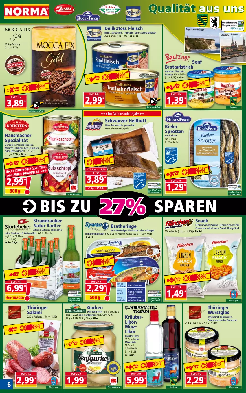 Aktueller Prospekt Norma - Norma - von 22.07 bis 29.07.2024 - strona 6 - produkty: alkohol, auer, aufstrich, Bau, Bauer, beutel, bier, Bratheringe, brot, brotaufstrich, buch, cevapcici, chili, eier, eis, erbsen, fisch, fische, flasche, fleisch, gulasch, gurke, gurken, Hausmacher, hering, Holz, honig, Honig-Senf, hühner, jagdwurst, kräuter, kräuterlikör, Kreide, kühlregal, leberwurst, likör, linsen, Linsen Snack, lorenz, mac, malz, marinade, Mett, möhren, natur, natur radler, Nordsee, oder kräuter, paprika, radler, regal, reis, rind, ring, Rotwurst, salami, sanddorn, Schmalz, schnitten, schwein, schweine, senf, snack, Spezi, Sprotten, Ti, tomate, tomaten, topf, truthahn, Waage, wein, weine, wurst, zitrone