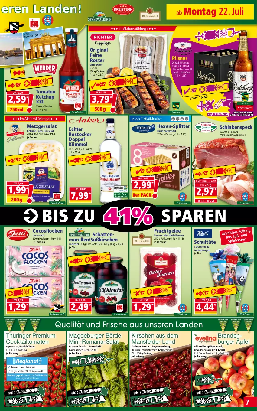 Aktueller Prospekt Norma - Norma - von 22.07 bis 29.07.2024 - strona 7 - produkty: Becher, beere, beeren, Brandenburger äpfel, burger, cocktail, cocos, eier, eiersalat, eis, elle, flasche, frucht, Garten, Geflügel, gelee, gin, heidelbeere, heidelbeeren, ketchup, kirsch, kirsche, kirschen, kühlregal, morellen, obst, pils, pilsner, regal, reis, rel, ring, Rostocker, sac, salat, schattenmorellen, schinken, schinkenspeck, Speck, Ti, tiefpreis, tomate, tomaten, tomaten ketchup, Tüte