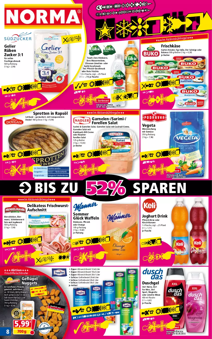 Aktueller Prospekt Norma - Norma - von 22.07 bis 29.07.2024 - strona 8 - produkty: apfel, auer, aufschnitt, banane, Becher, beere, beutel, bier, bierschinken, chili, cocktail, creme, decke, Deckel, dip, drink, duschgel, eis, elle, ente, flakes, flasche, fleisch, forelle, frischkäse, frucht, früchte, garnelen, Garten, Geflügel, gefrierbeutel, gewürz, himbeer, himbeere, jagdwurst, joghur, joghurt, Käse, kirsch, knoblauch, kräuter, kühlregal, limette, limetten, mac, melone, Mett, metten, minze, mit gemüse, mit knoblauch, nuggets, orange, pfirsich, rapsöl, regal, rel, salat, schinken, schinkenwurst, Sport, Sprotten, tee, Ti, Vegeta, waffeln, wasser, wassermelone, weck, wurst, zipper, zitrone, zitronen, zucker