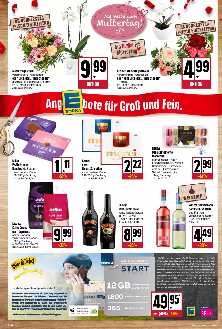 Aktueller Prospekt Kupsch - Angebote der Woche - von 02.05 bis 07.05.2022 - strona 2 - produkty: angebot, baileys, beere, bohne, bohnen, caffè crema, caramel, deka, eis, ente, espresso, flasche, himbeer, himbeere, irish cream, lavazza, leine, LG, likör, mac, Macarons, mandel, merci, merl, milka, nuss, oder espresso, orchidee, phalaenopsis, reis, Ria, schoko, schokolade, Schütze, spee, storck, Surf, telefon, Ti, topf, vanille, wein, zitrone