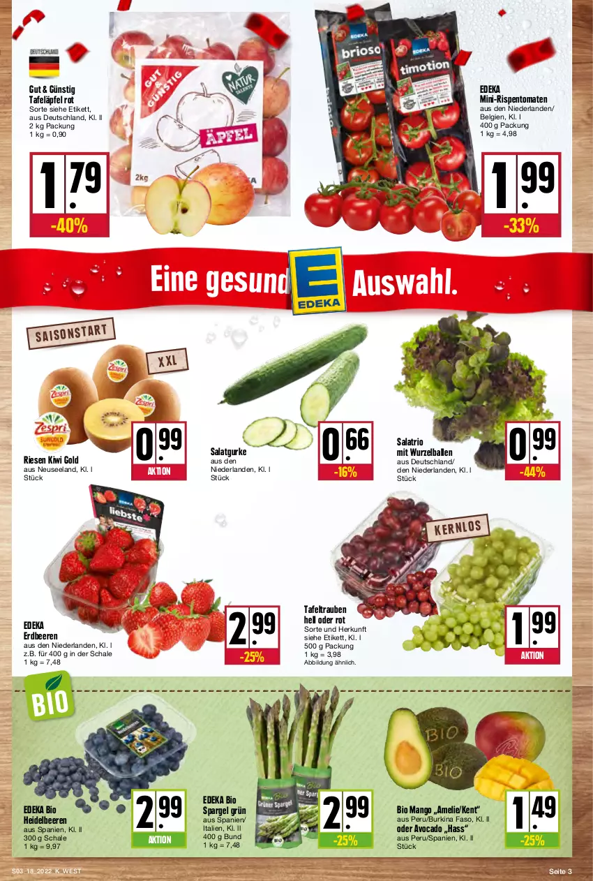 Aktueller Prospekt Kupsch - Angebote der Woche - von 02.05 bis 07.05.2022 - strona 3 - produkty: avocado, ball, beere, beeren, bio, deka, edeka bio, Elan, erdbeere, erdbeeren, gurke, heidelbeere, heidelbeeren, kiwi, Kiwi Gold, LG, mango, mini-rispentomaten, rispentomaten, salat, Salatgurke, Schal, Schale, spargel, spargel grün, tafeläpfel, tafeltrauben, Ti, tomate, tomaten, trauben